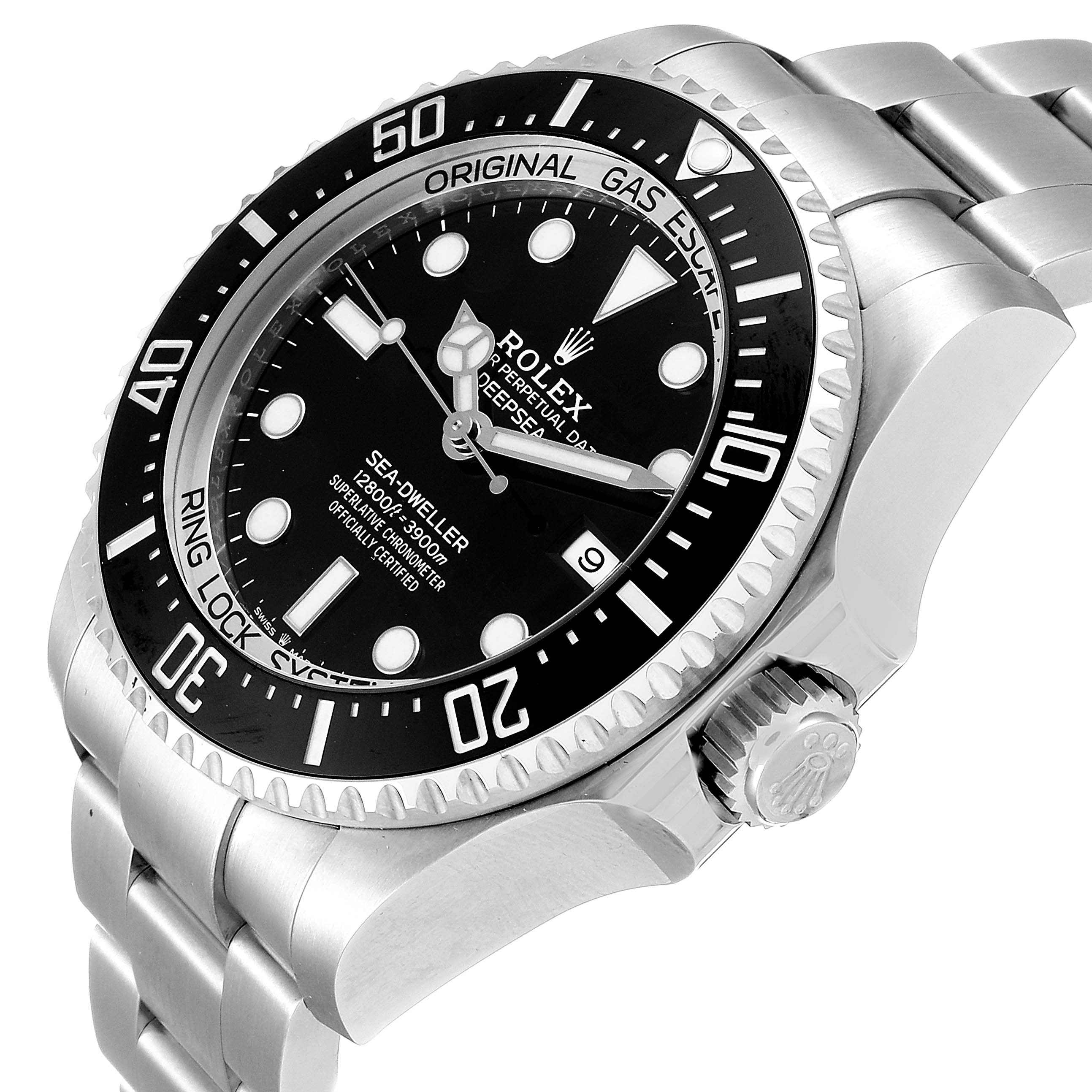 This image shows a Sea-Dweller Rolex watch at a three-quarter angle, displaying the dial, bezel, and part of the bracelet.