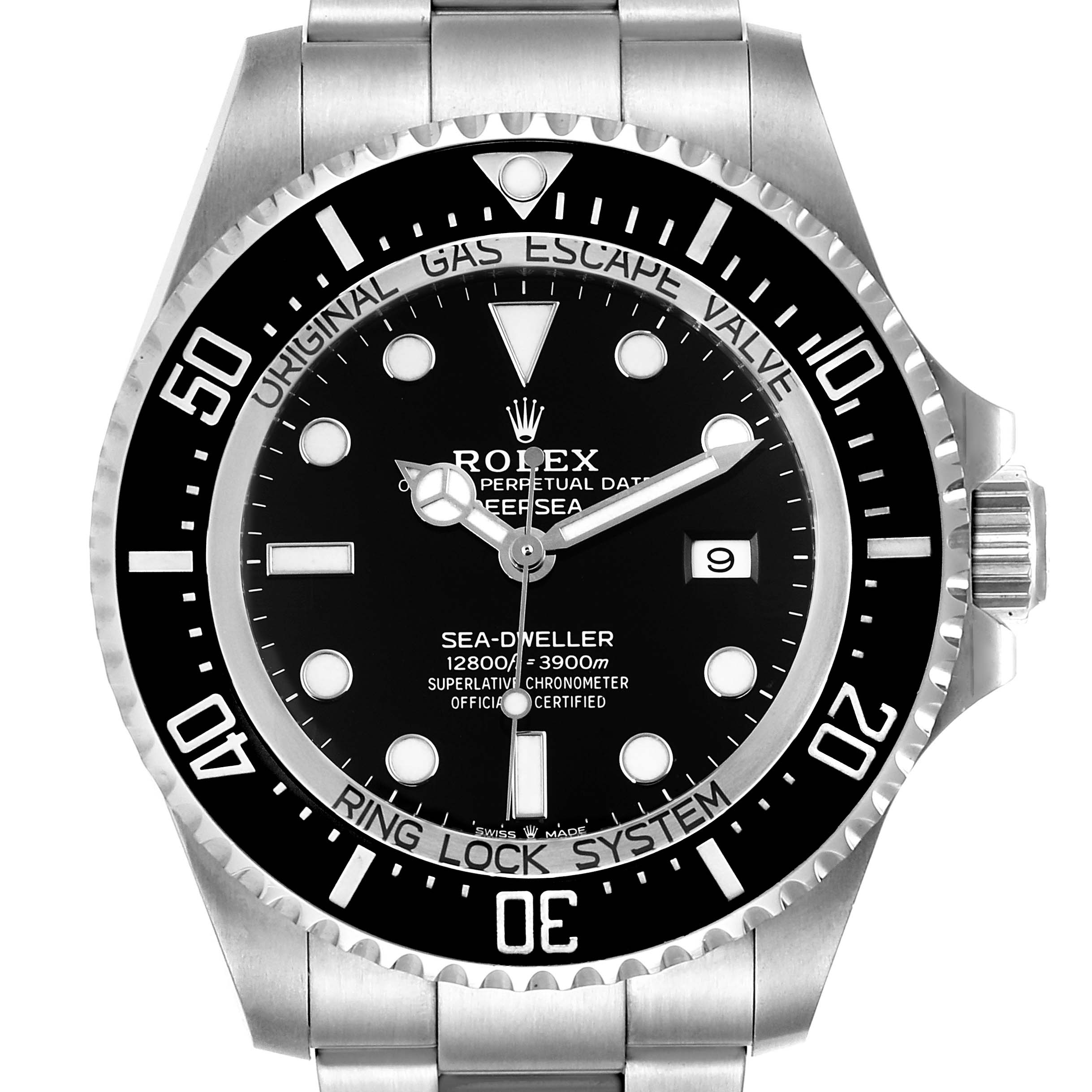 The image shows a front view of a Rolex Sea-Dweller 126660 Men
s Stainless Steel Black Dial 126660 Men
s Stainless Steel Black Dial watch, highlighting the dial, bezel, and part of the bracelet.