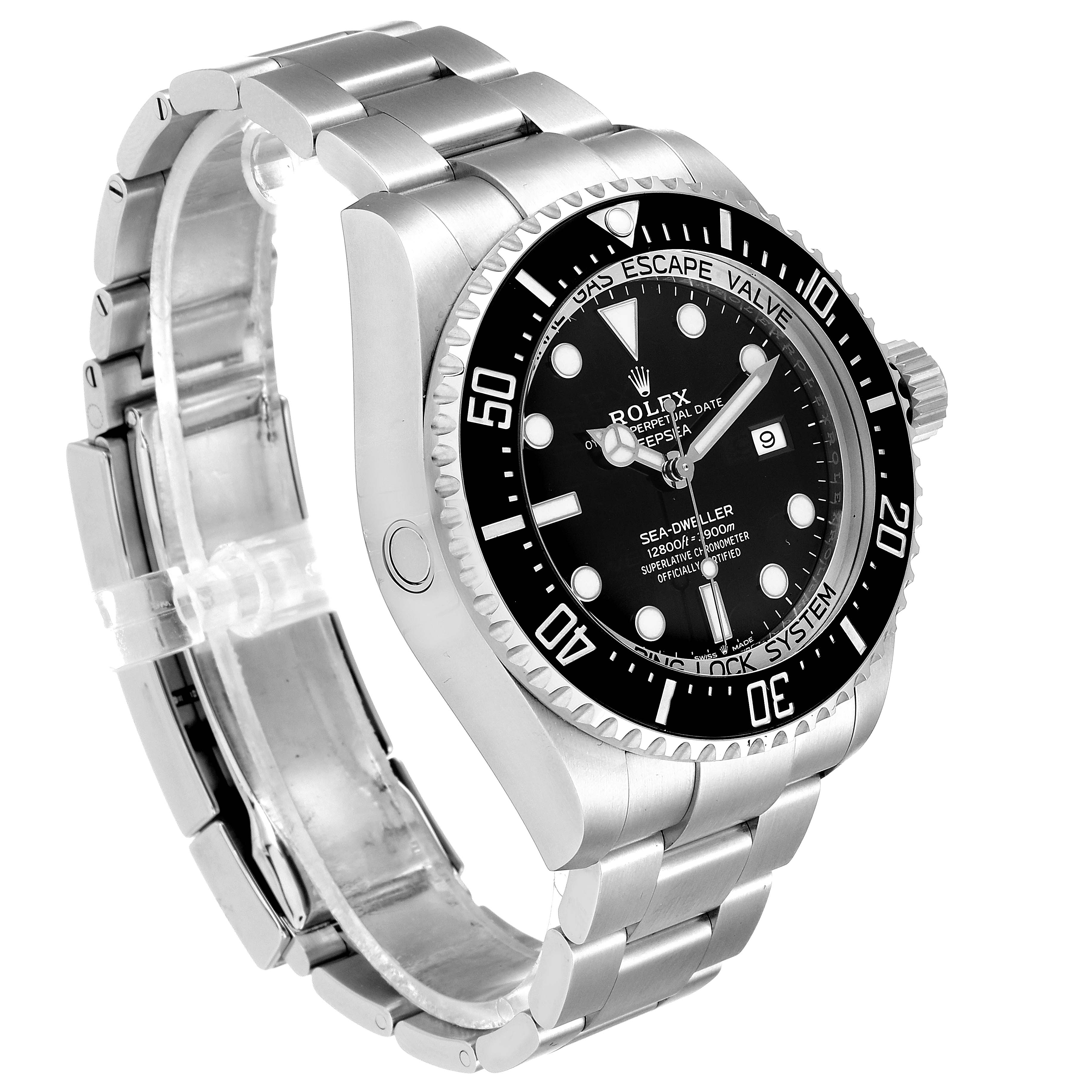 The image shows a side angle of the Rolex Sea-Dweller 126660 Men
s Stainless Steel Black Dial 126660 Men
s Stainless Steel Black Dial watch, highlighting the face, bezel, crown, and bracelet.