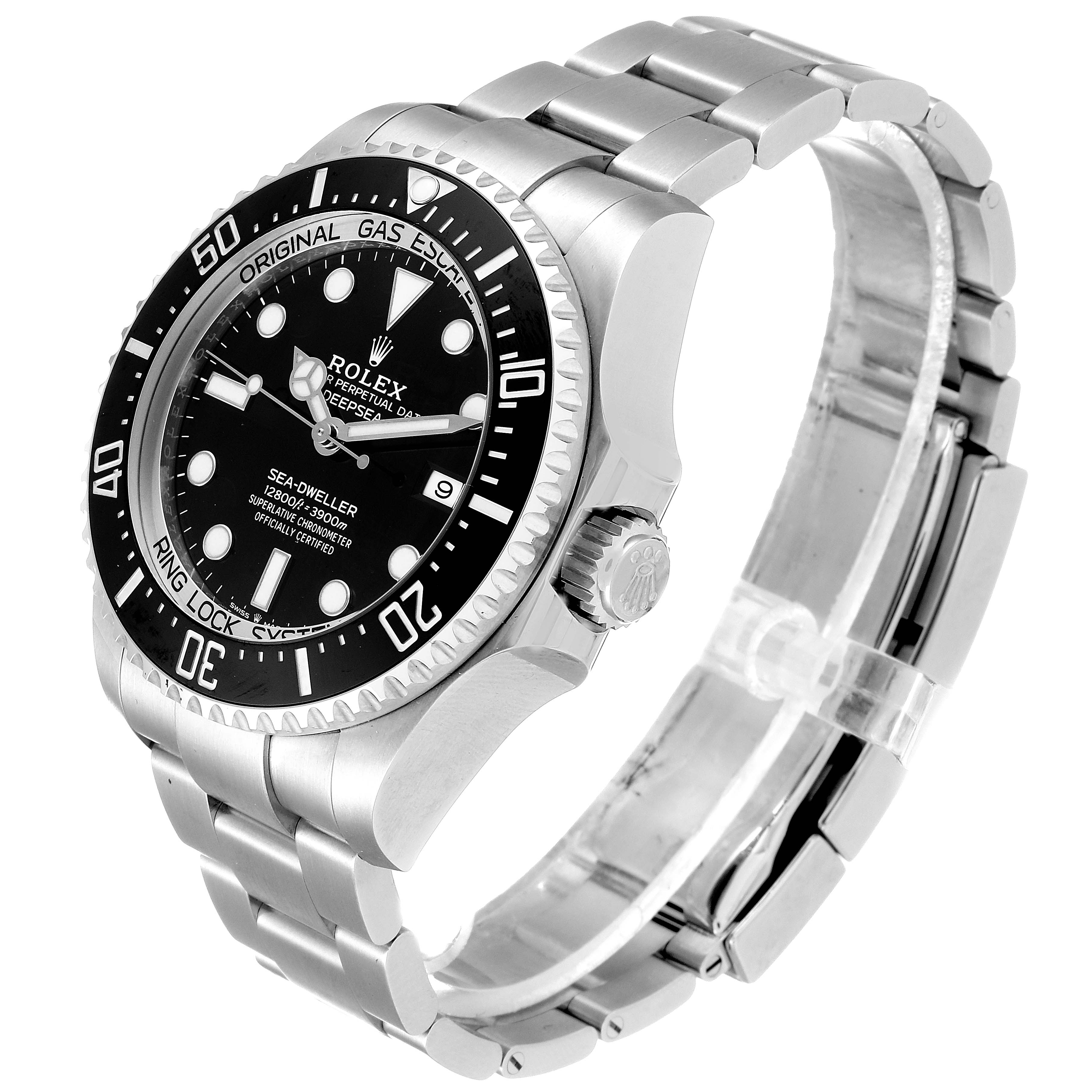 The image shows a side and front angle of the Rolex Sea-Dweller 126660 Men
s Stainless Steel Black Dial 126660 Men
s Stainless Steel Black Dial watch, highlighting the bezel, dial, crown, and bracelet.