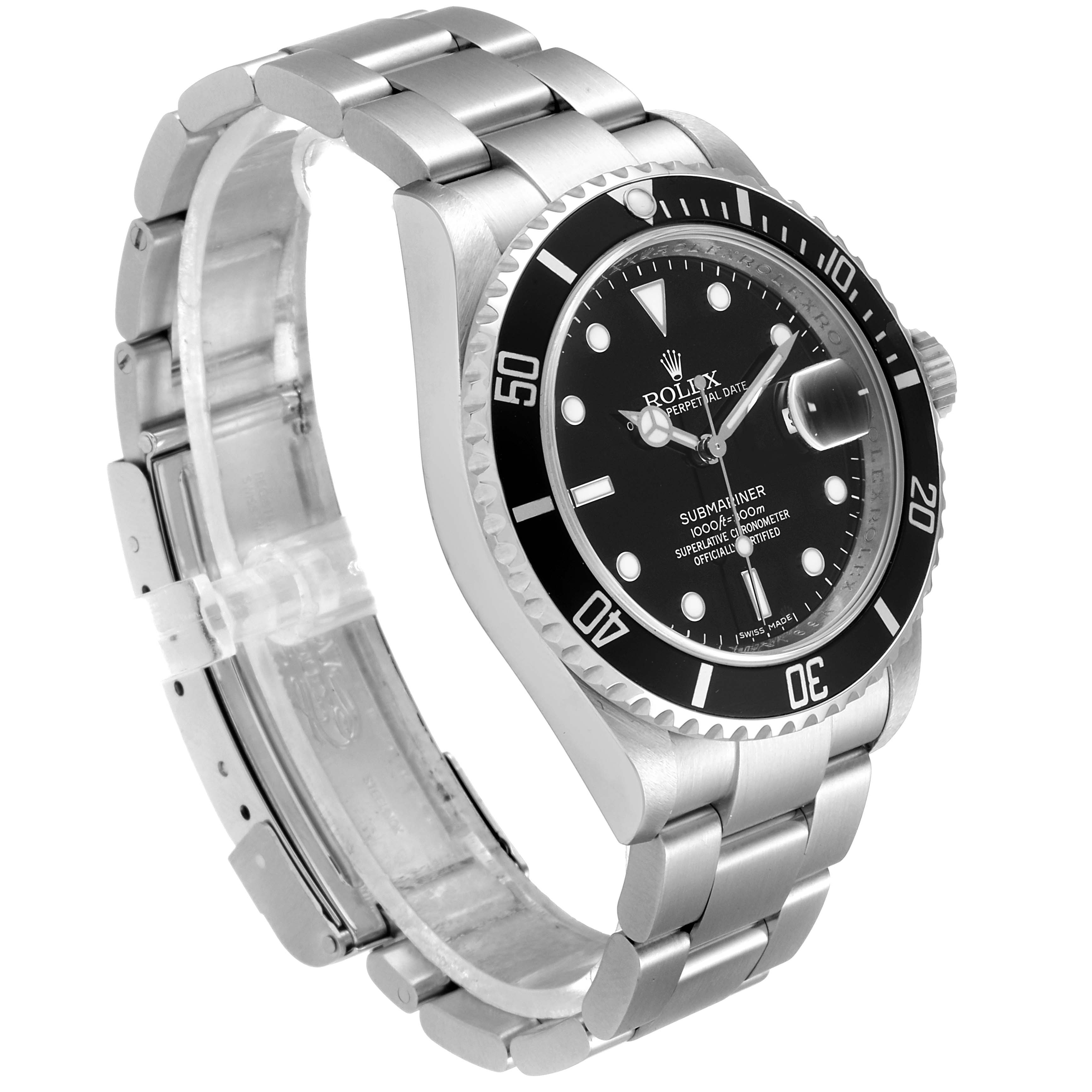 The image shows a Rolex Submariner 16610 Men
s Stainless Steel Black Dial 16610 Men
s Stainless Steel Black Dial watch at a slight angle, highlighting its face, bezel, and stainless steel strap.