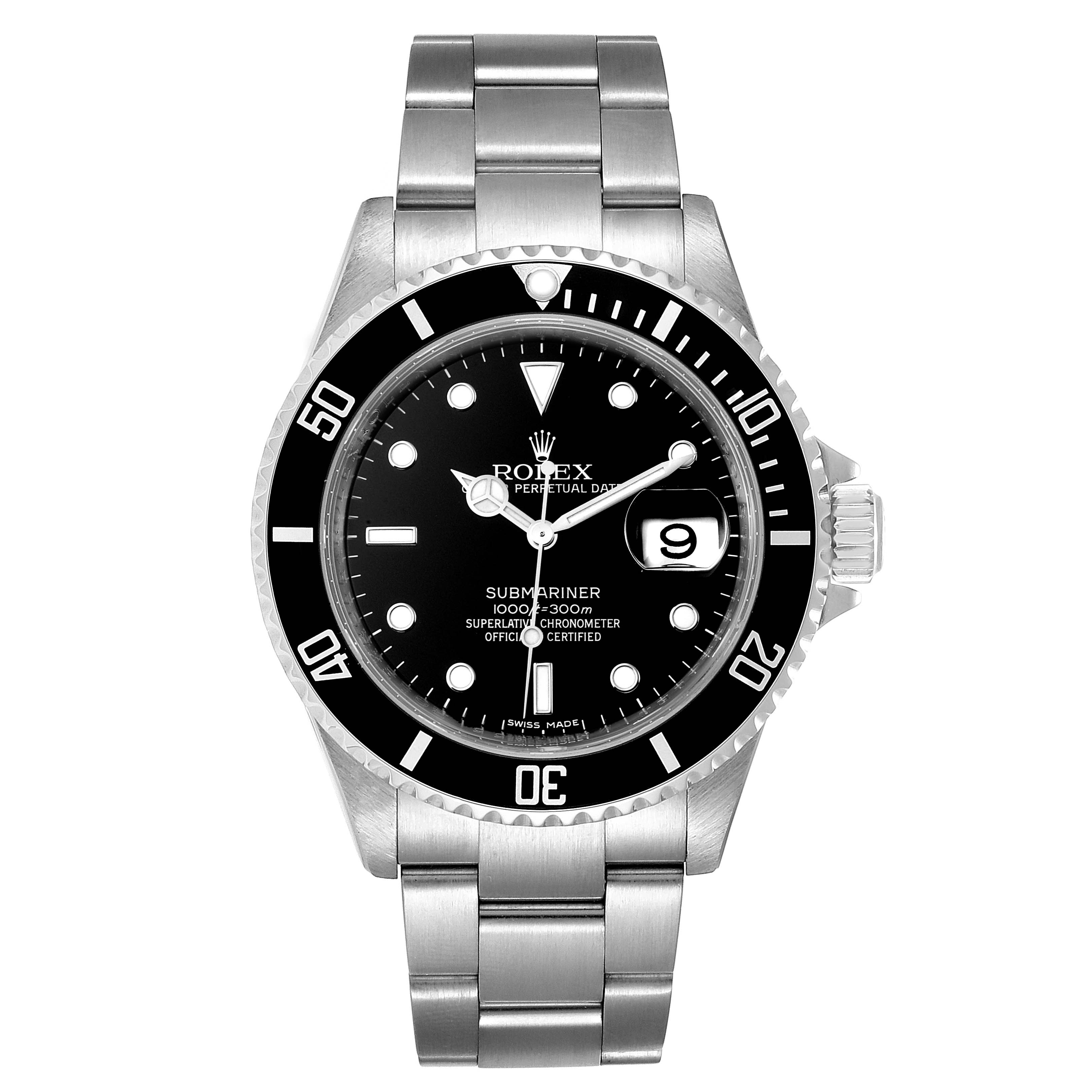 The image shows a frontal view of the Rolex Submariner 16610 Men
s Stainless Steel Black Dial 16610 Men
s Stainless Steel Black Dial watch, highlighting its dial, bezel, and bracelet.