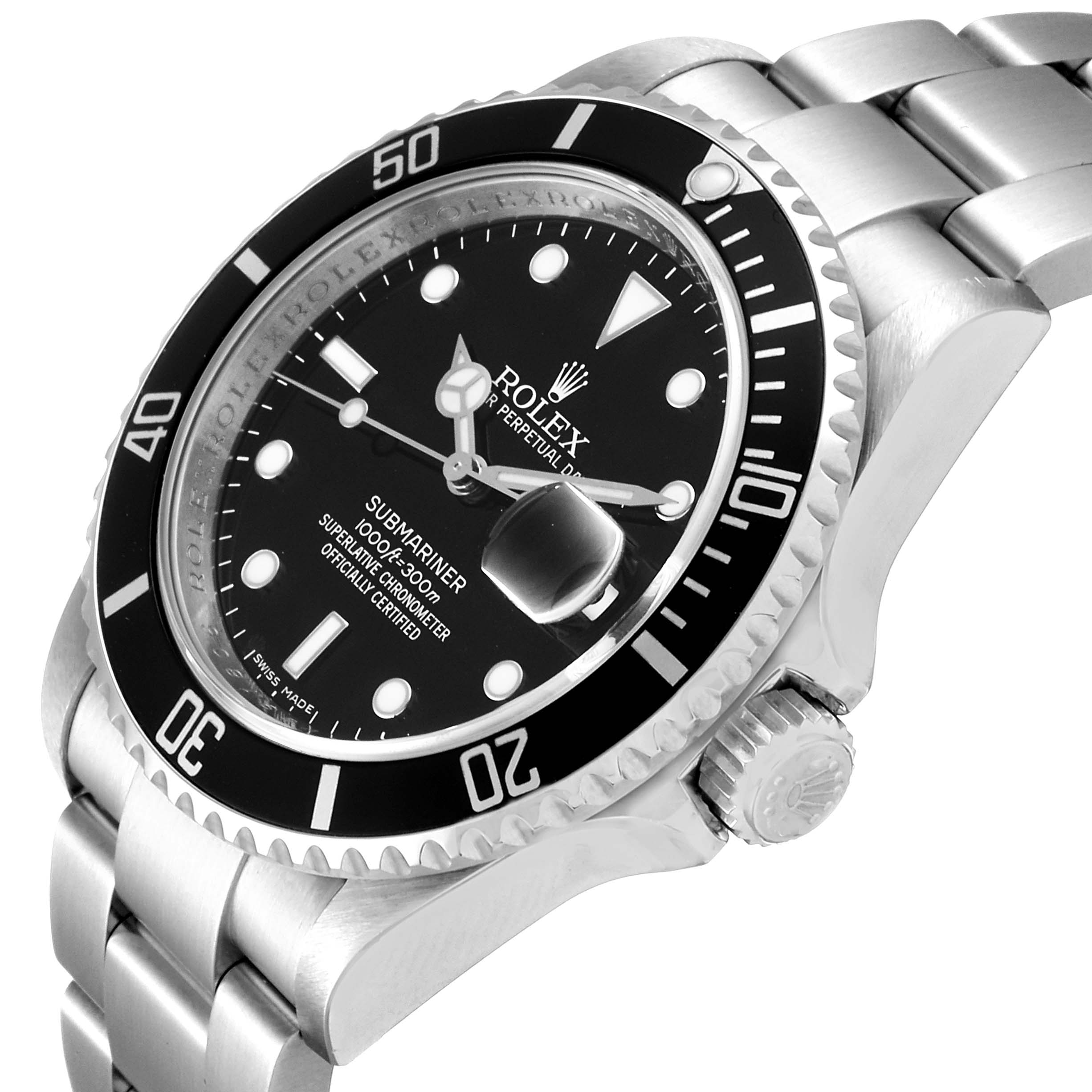 The image shows a Rolex Submariner 16610 Men
s Stainless Steel Black Dial 16610 Men
s Stainless Steel Black Dial watch at an angle featuring its face, bezel, crown, and part of the bracelet.