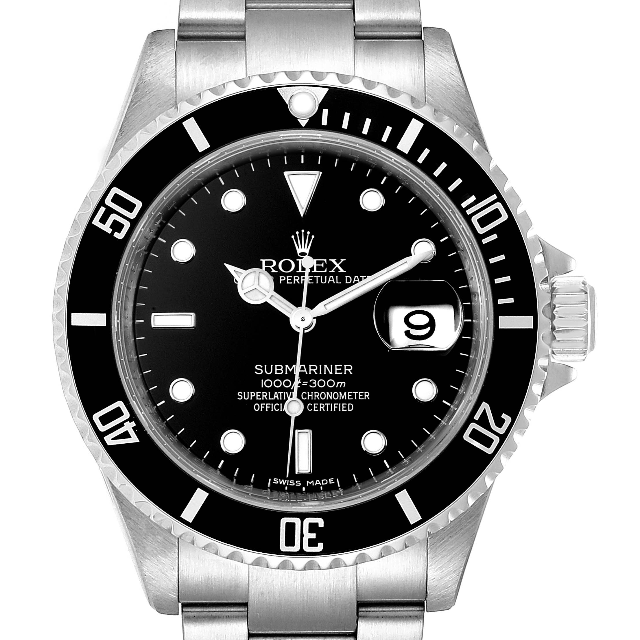 The image shows a front view of a Rolex Submariner 16610 Men
s Stainless Steel Black Dial 16610 Men
s Stainless Steel Black Dial watch, including the bezel, dial, hands, and bracelet.