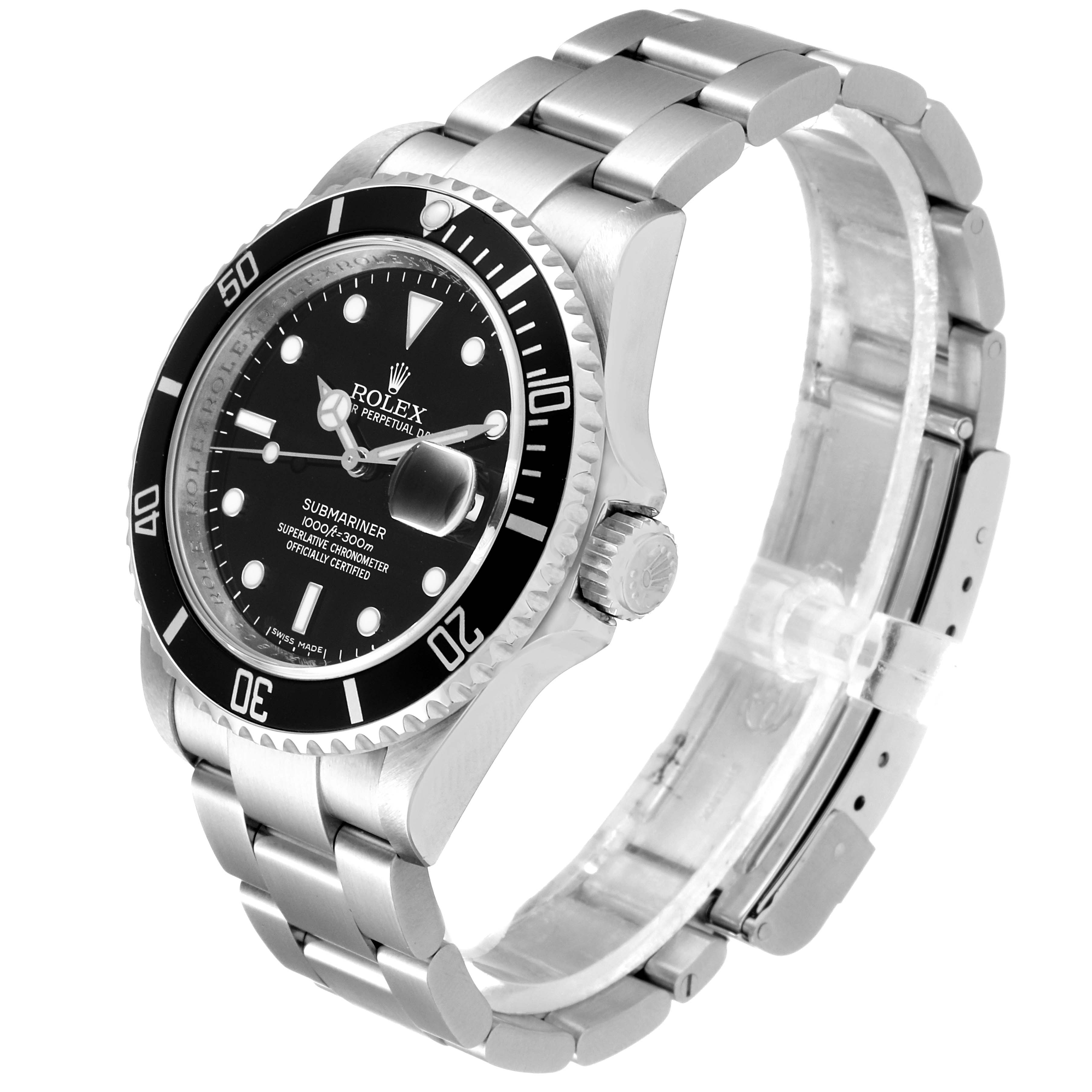 This image shows a Rolex Submariner 16610 Men
s Stainless Steel Black Dial 16610 Men
s Stainless Steel Black Dial watch from an angled side view, displaying the bracelet, bezel, crown, and face.