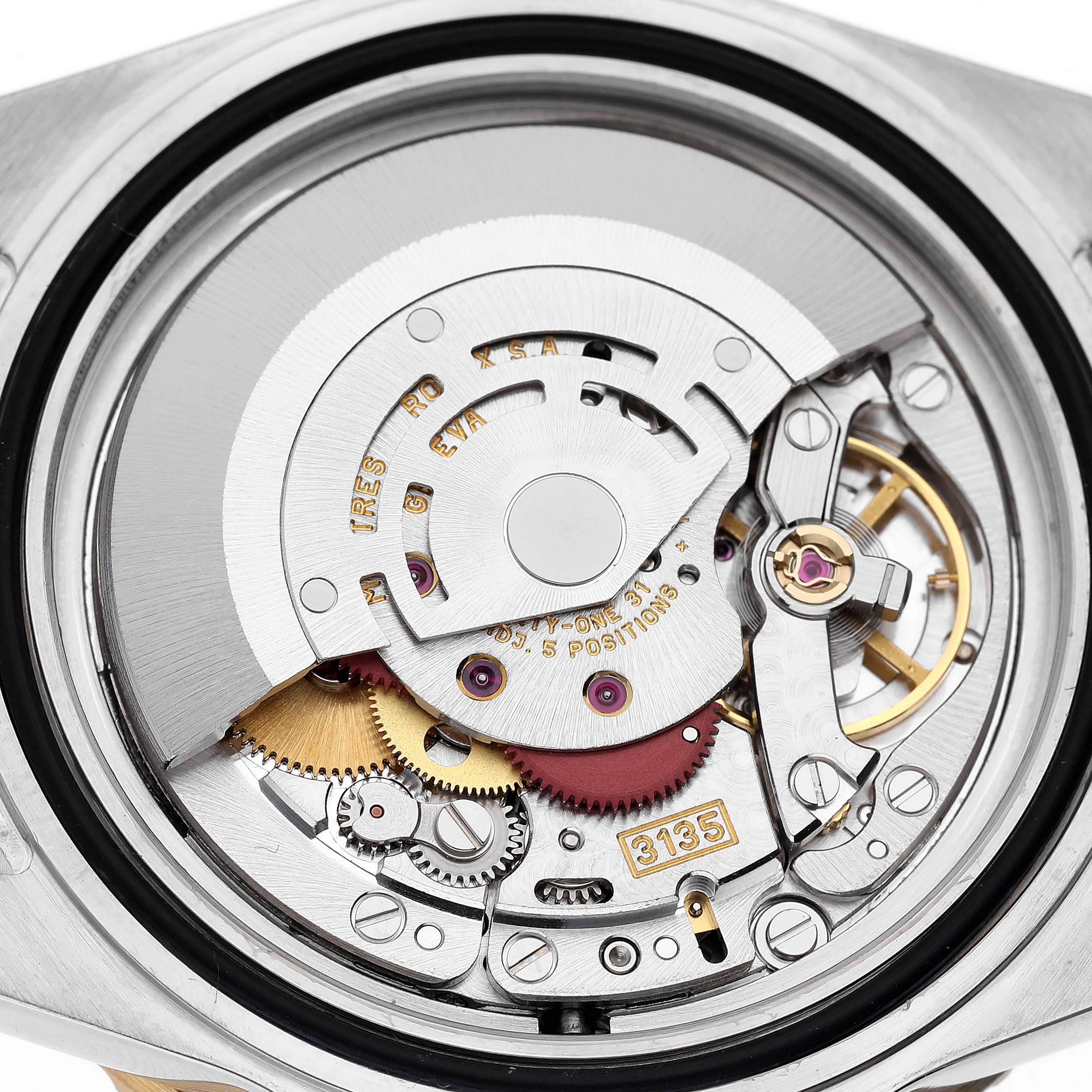 This image shows a close-up view of the internal movement mechanism of a Rolex Submariner 16613 Men's Steel and Gold (two tone) Blue Dial 16613 Men's Steel and Gold (two tone) Blue Dial watch.