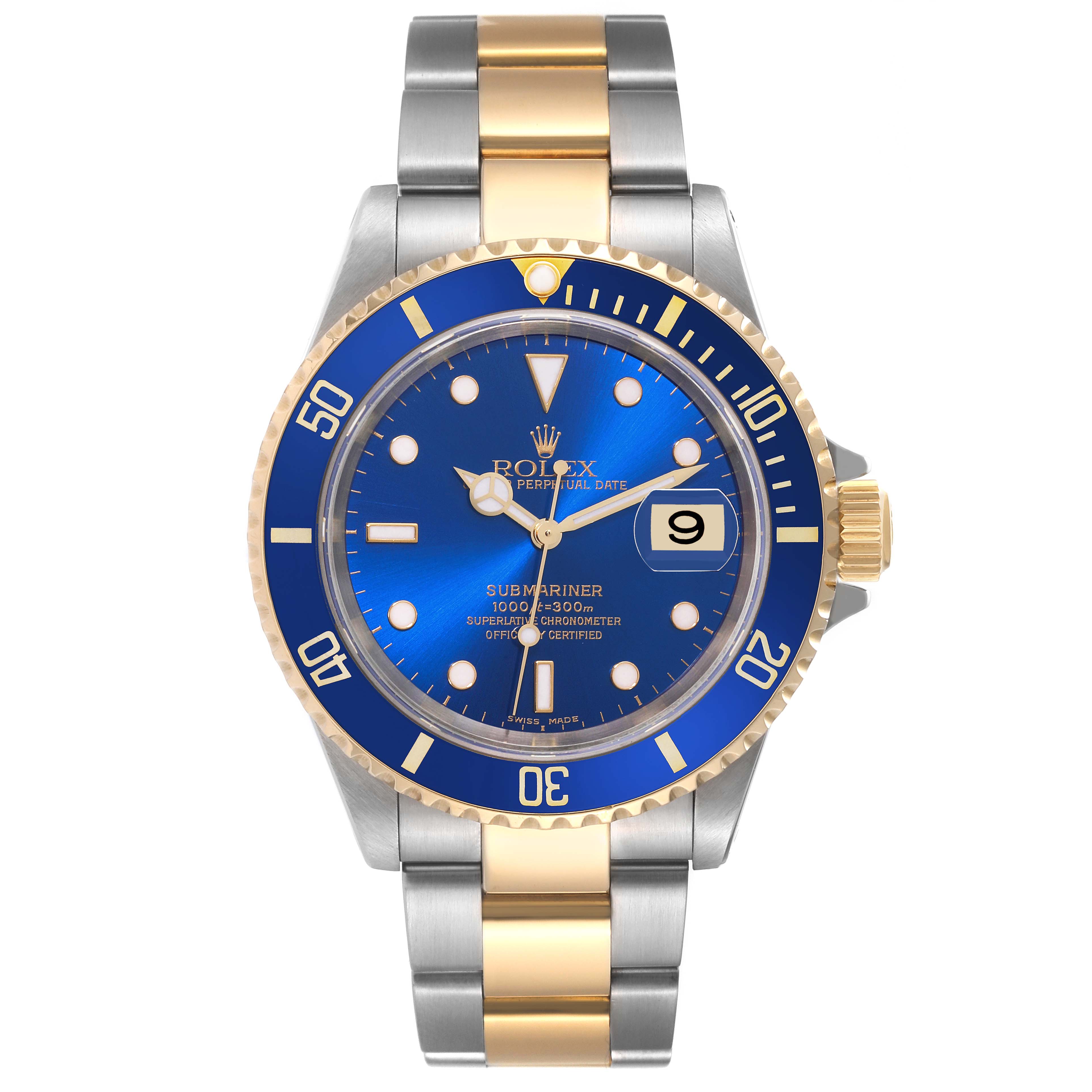 The Rolex Submariner 16613 Men's Steel and Gold (two tone) Blue Dial 16613 Men's Steel and Gold (two tone) Blue Dial is shown from the front, displaying its blue dial, bezel, and two-tone bracelet.