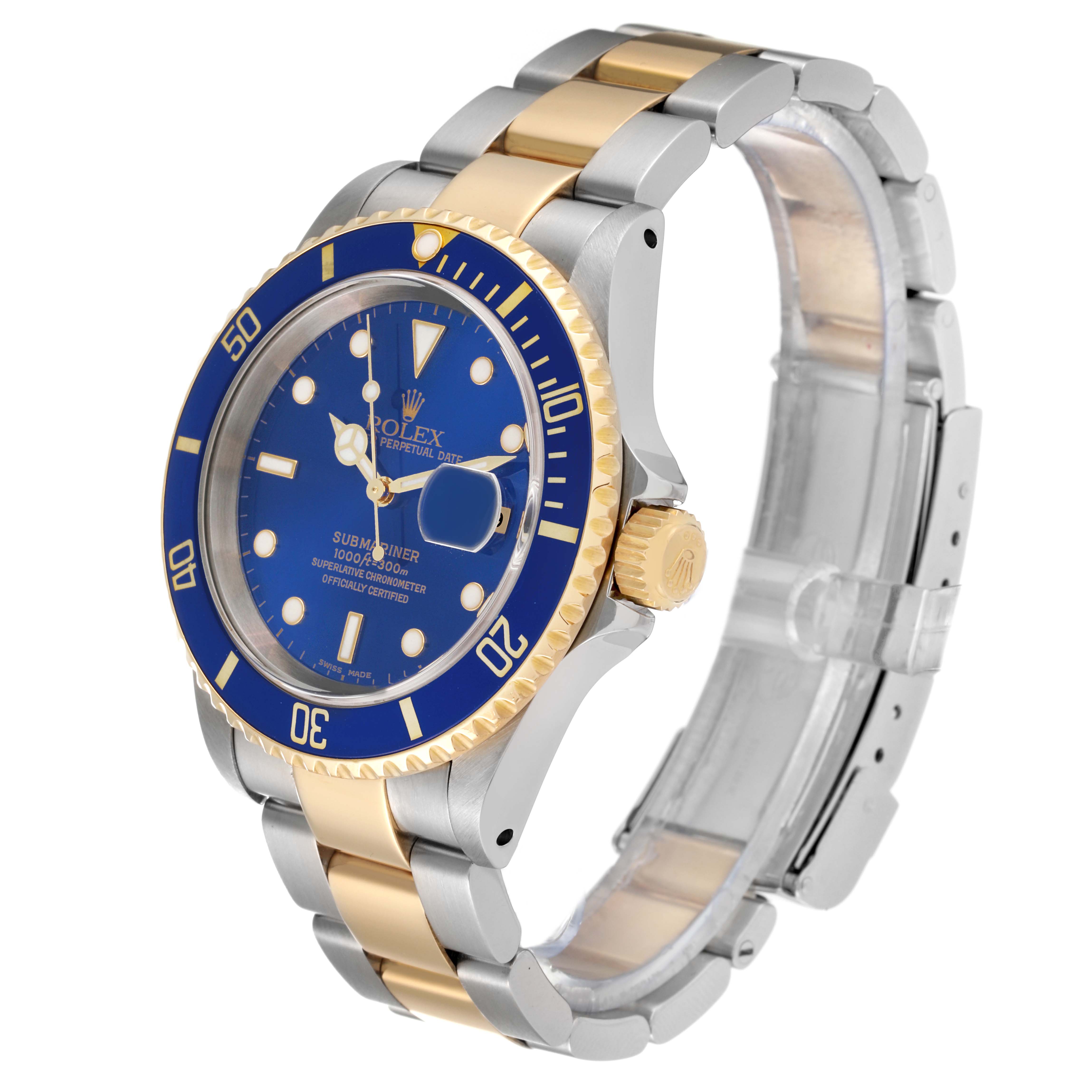 The image shows a Rolex Submariner 16613 Men's Steel and Gold (two tone) Blue Dial 16613 Men's Steel and Gold (two tone) Blue Dial watch from a three-quarter angle, highlighting the face, bezel, case, and bracelet.