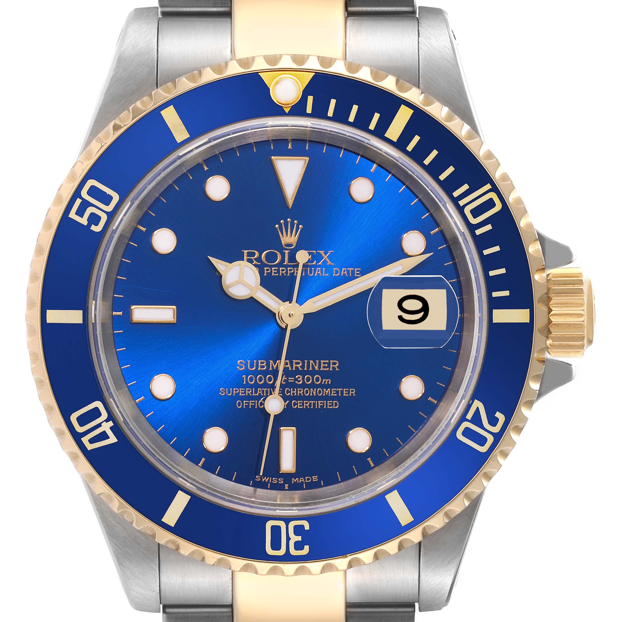 This image shows a front view of a Rolex Submariner 16613 Men's Steel and Gold (two tone) Blue Dial 16613 Men's Steel and Gold (two tone) Blue Dial watch, highlighting its blue dial, date display, and two-tone bezel and bracelet.