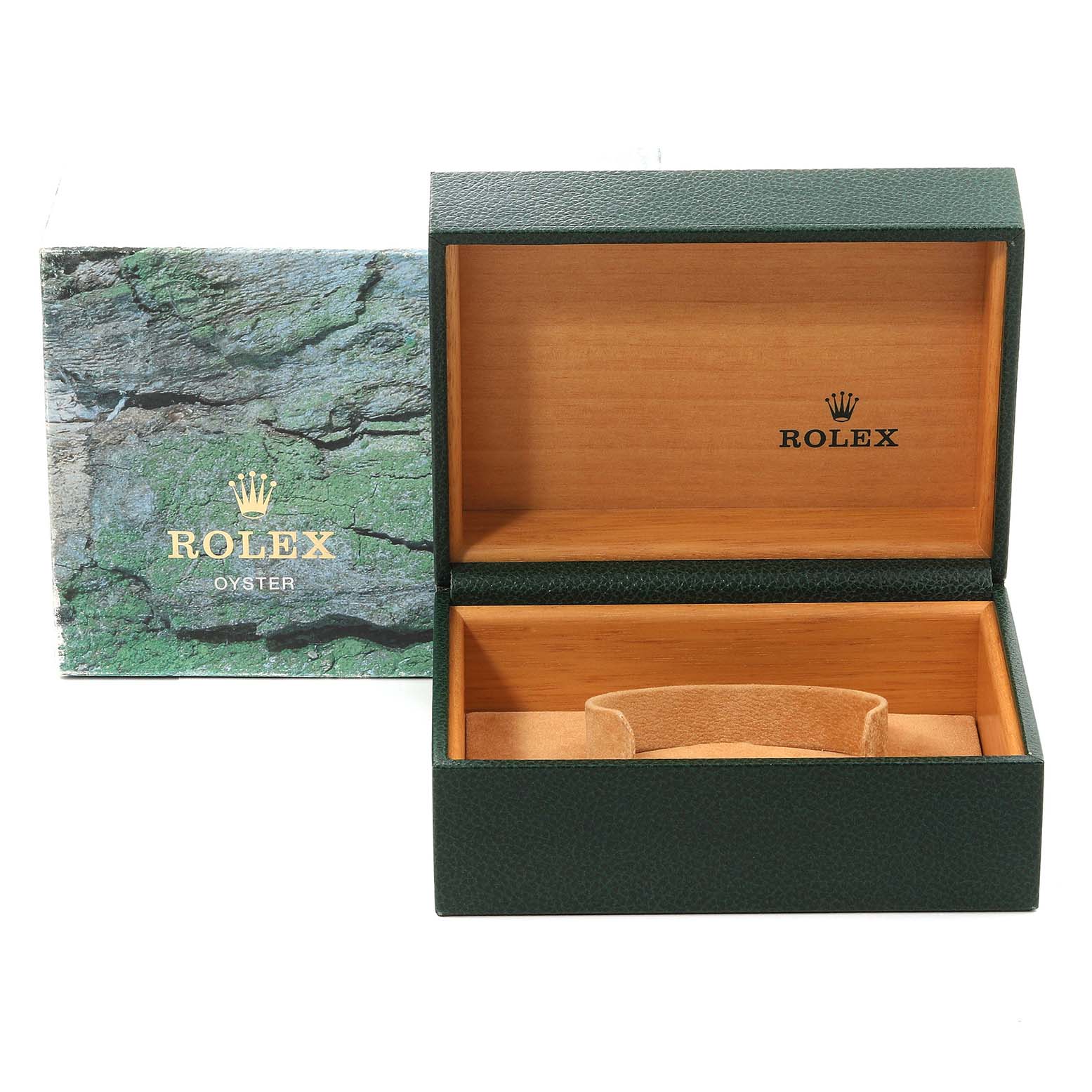 This image shows an open Rolex Submariner 16613 Men's Steel and Gold (two tone) Blue Dial 16613 Men's Steel and Gold (two tone) Blue Dial watch box with its accompanying outer box, viewed from the front.