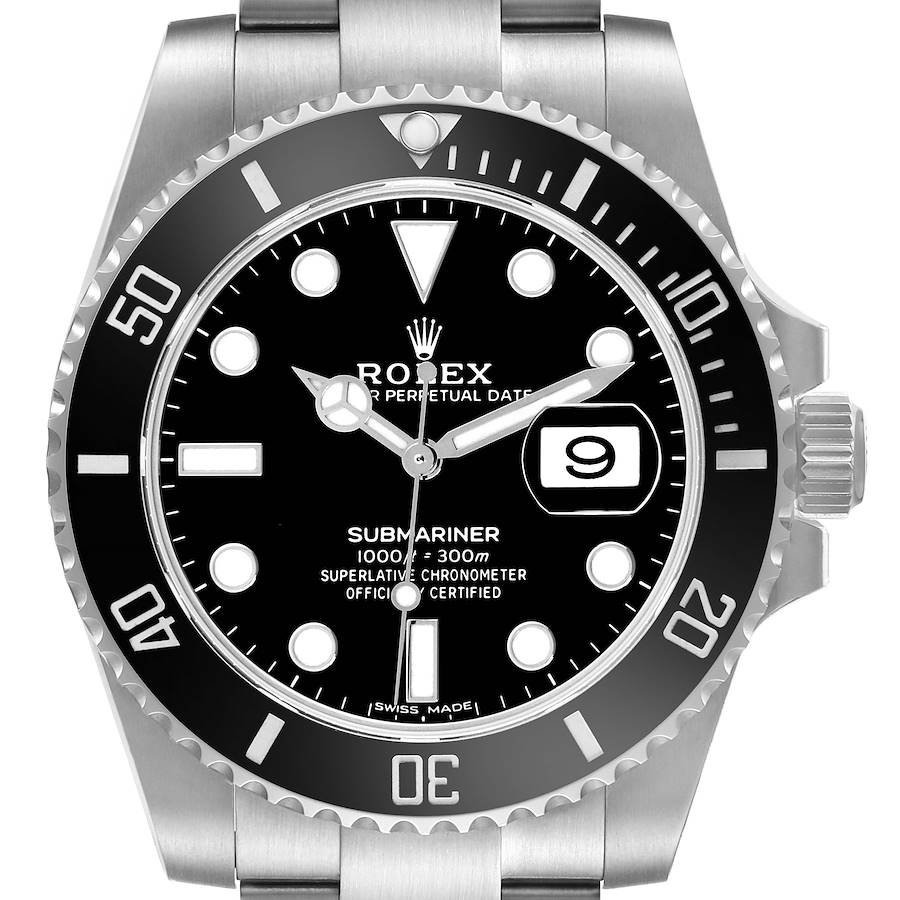 The image shows a front view of the Rolex Submariner, displaying the dial, bezel, and crown in detail.