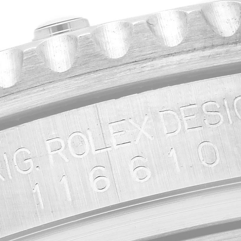 The image shows a close-up of the bezel and case edge engraving on a Rolex Submariner 116610LN Men's Stainless Steel Black Dial 116610LN Men's Stainless Steel Black Dial watch.
