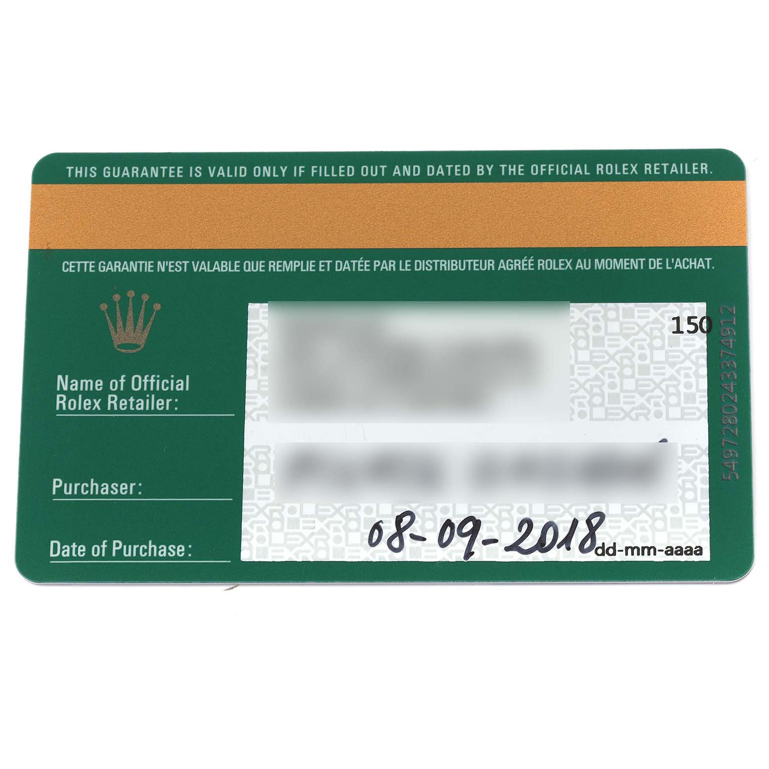 The image shows a Rolex warranty card for the Submariner model, displaying purchase details and retailer information.
