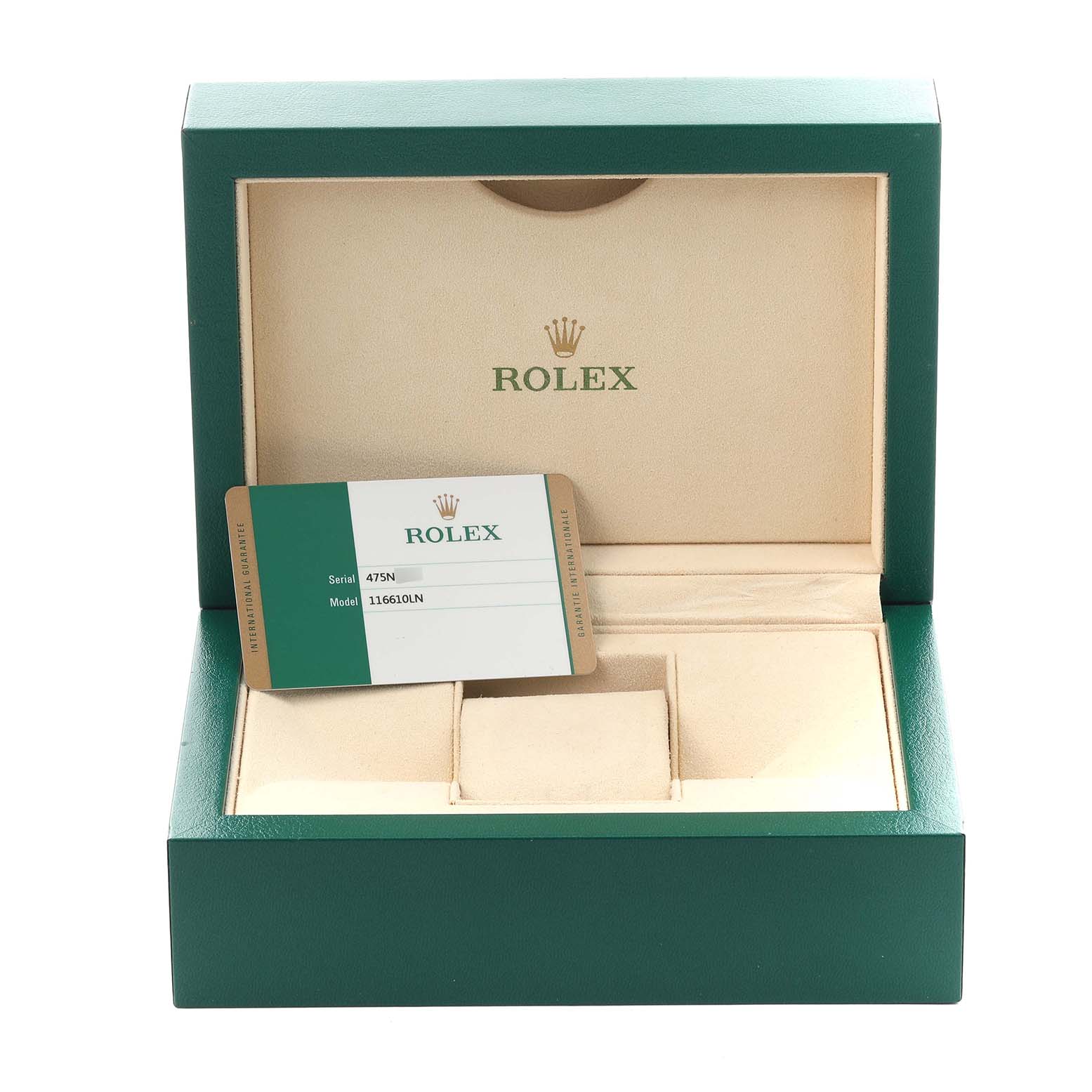 The image shows a Rolex Submariner 116610LN Men's Stainless Steel Black Dial 116610LN Men's Stainless Steel Black Dial watch box from the front angle, including a certification card inside.