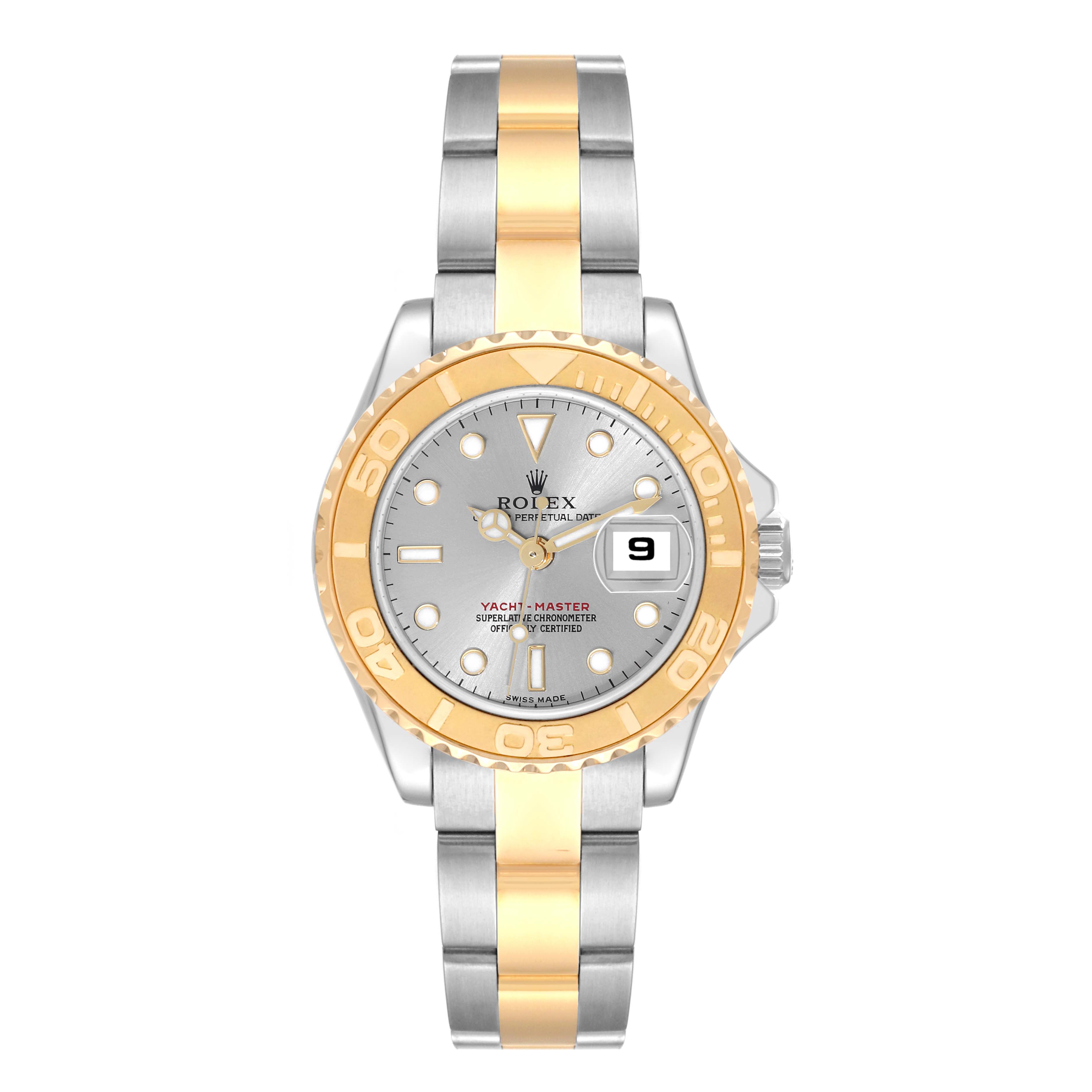 The Rolex Yacht-Master 169623 Women
s Steel and Gold (two tone) Silver Dial 169623 Women
s Steel and Gold (two tone) Silver Dial watch is shown from a front angle, displaying the face, bezel, and bracelet.