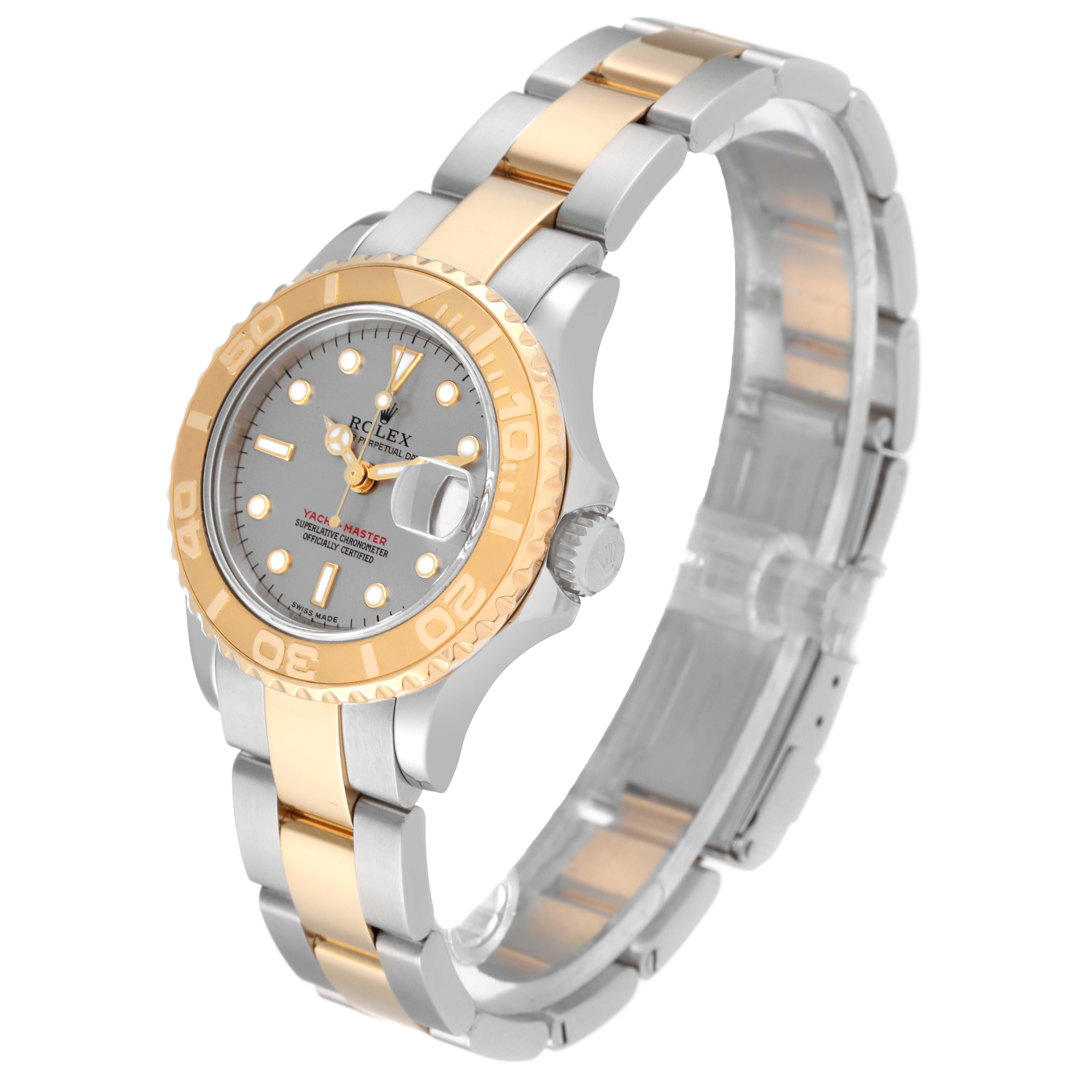 The Rolex Yacht-Master 169623 Women
s Steel and Gold (two tone) Silver Dial 169623 Women
s Steel and Gold (two tone) Silver Dial watch is shown at a three-quarter angle, displaying the bracelet, bezel, dial, and crown.