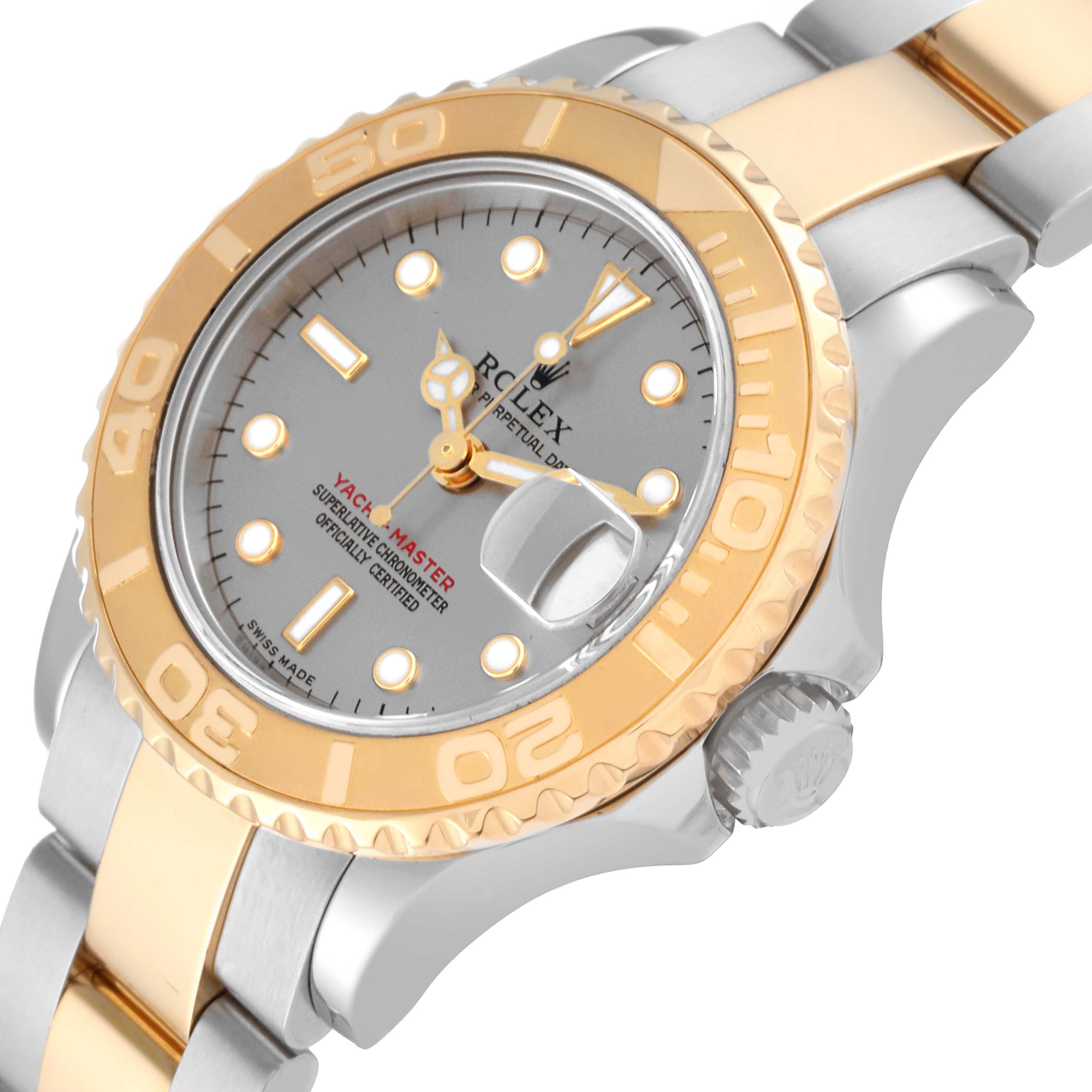 The image shows a close-up angled view of the Rolex Yacht-Master 169623 Women
s Steel and Gold (two tone) Silver Dial 169623 Women
s Steel and Gold (two tone) Silver Dial watch, highlighting the bezel, dial, and part of the bracelet.
