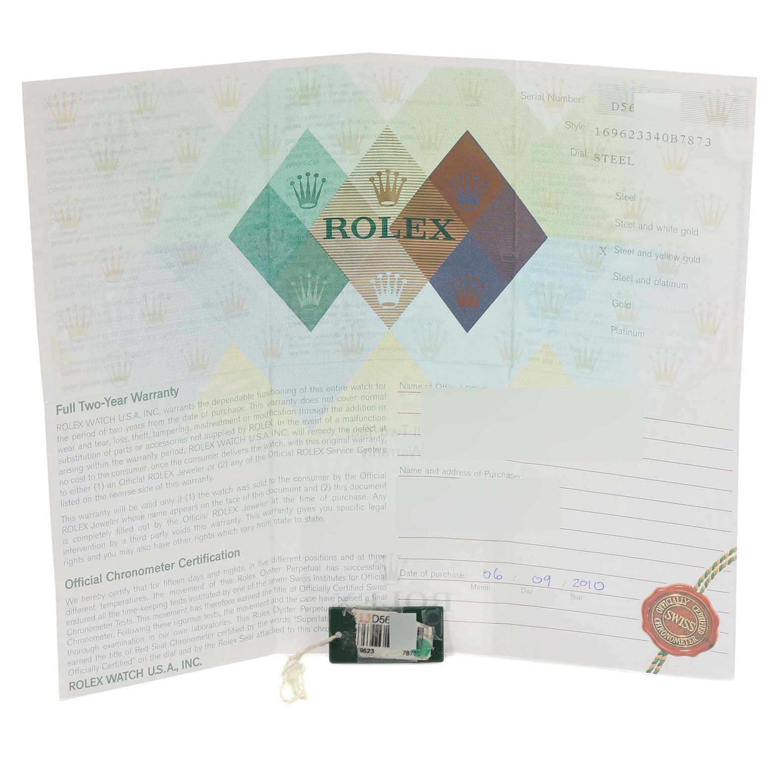 The image shows a warranty card and official chronometer certification for a Rolex Yacht-Master 169623 Women
s Steel and Gold (two tone) Silver Dial 169623 Women
s Steel and Gold (two tone) Silver Dial watch.