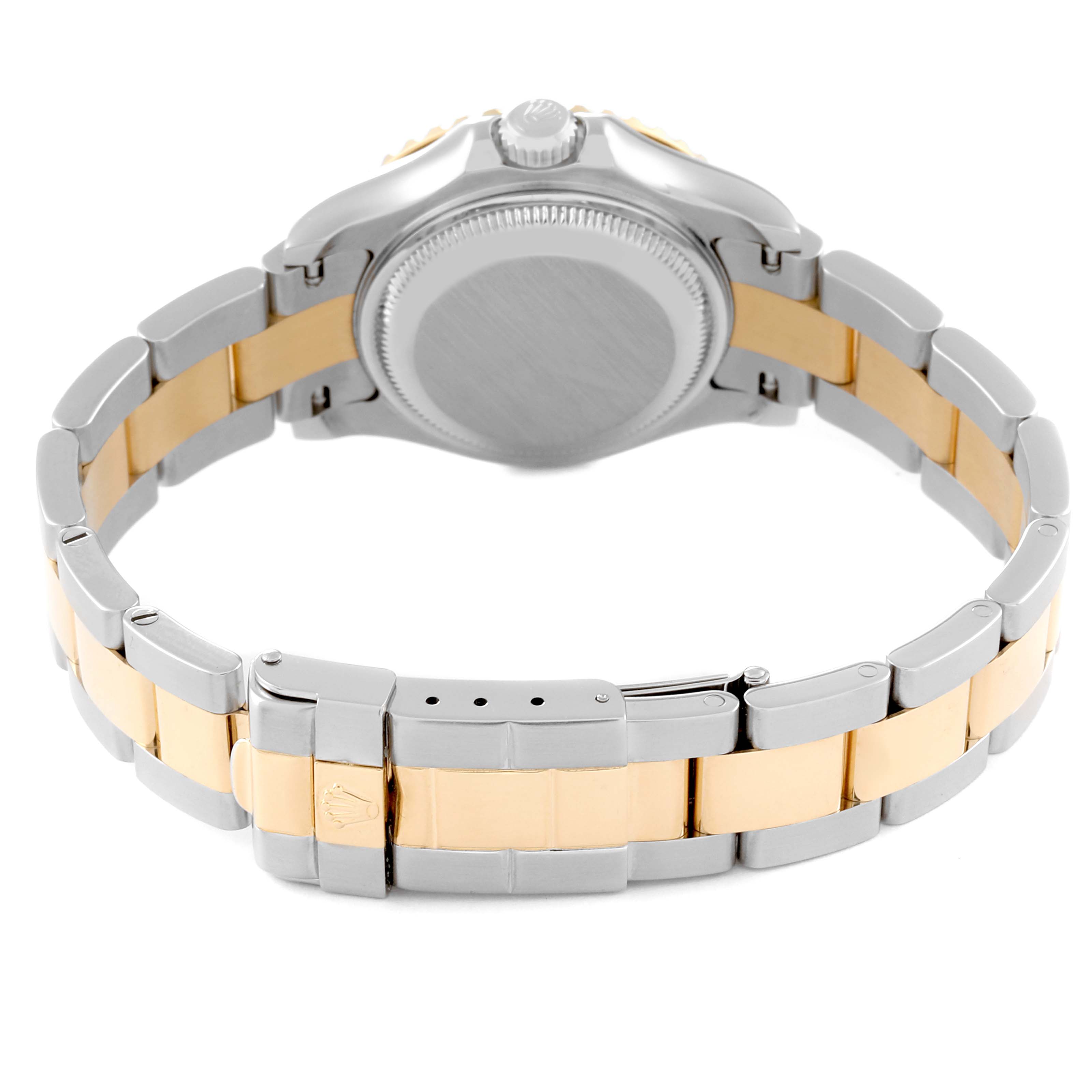 The image shows the back view of a Rolex Yacht-Master 169623 Women
s Steel and Gold (two tone) Silver Dial 169623 Women
s Steel and Gold (two tone) Silver Dial watch, focusing on the case back and two-tone bracelet.
