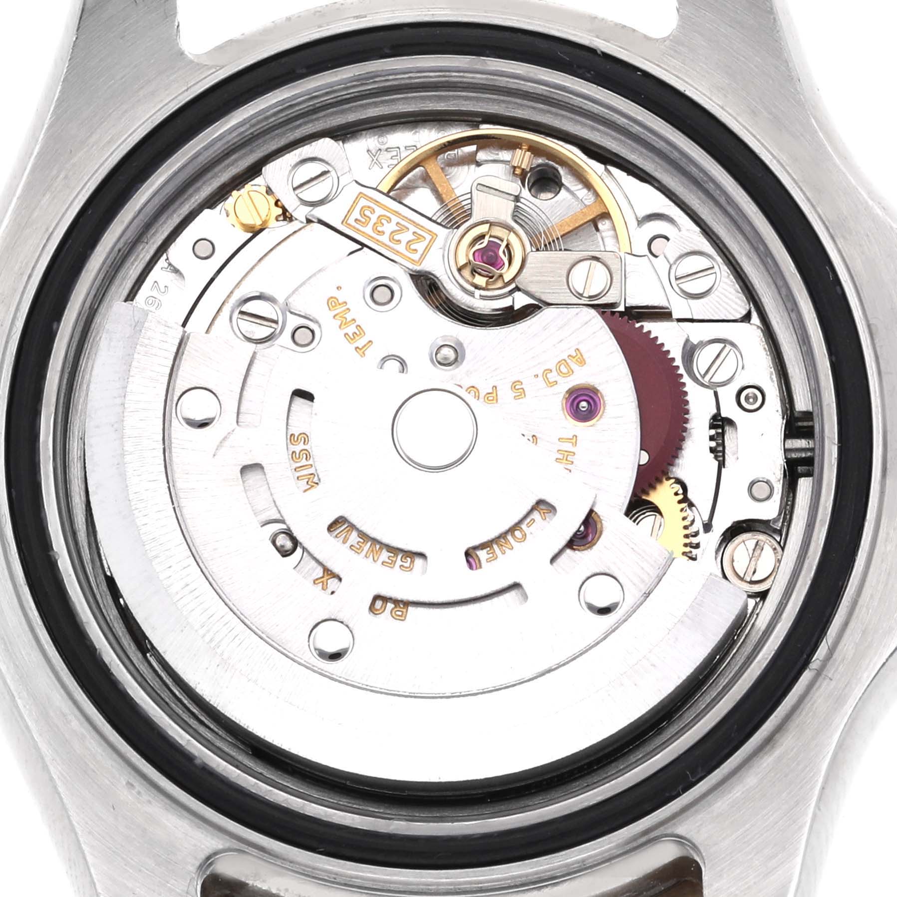 The image shows the movement mechanism of a Rolex Yacht-Master 169623 Women's Steel and Gold (two tone) White Dial 169623 Women's Steel and Gold (two tone) White Dial watch from the back view.