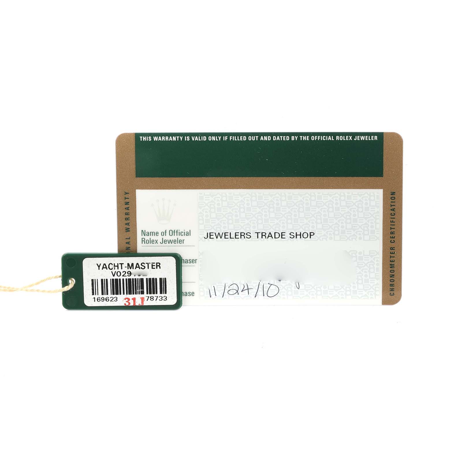 The image shows a Rolex Yacht-Master 169623 Women's Steel and Gold (two tone) White Dial 169623 Women's Steel and Gold (two tone) White Dial warranty card and tag, viewed from the front.