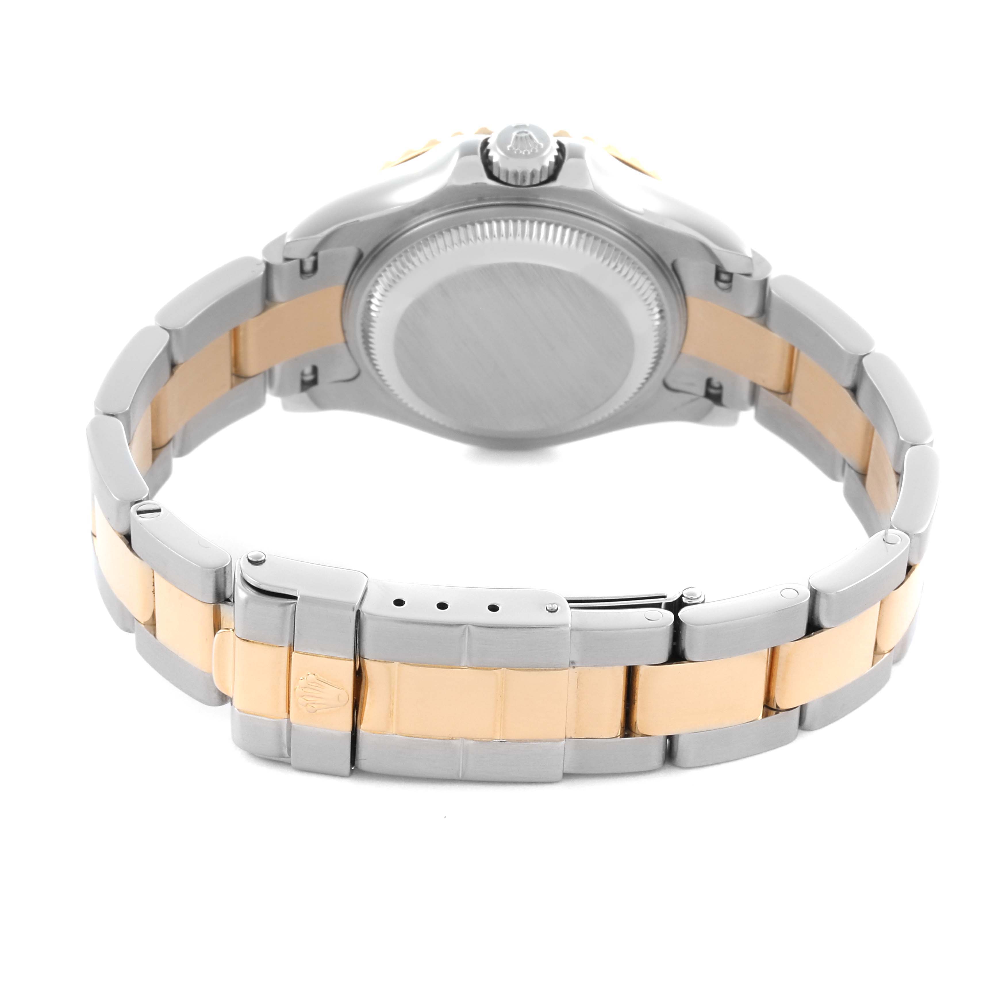 The image shows the back view of a Rolex Yacht-Master 169623 Women's Steel and Gold (two tone) White Dial 169623 Women's Steel and Gold (two tone) White Dial, highlighting the clasp and bracelet.