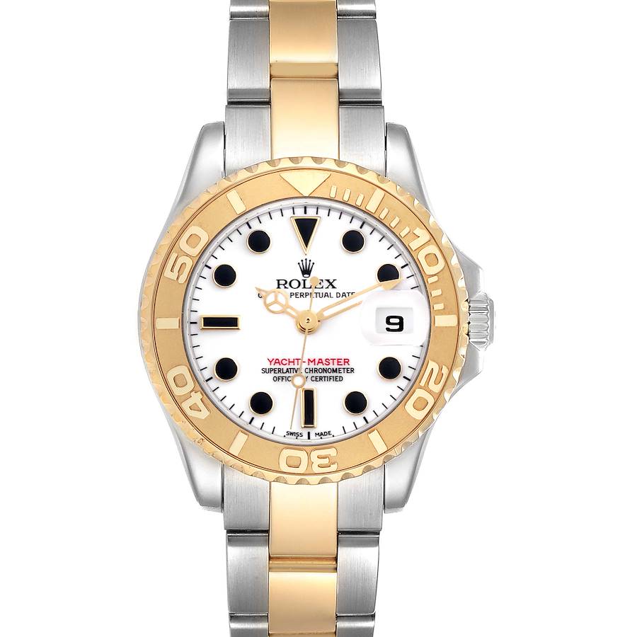 The Rolex Yacht-Master watch is shown from a front view, highlighting its bezel, dial, and bracelet.