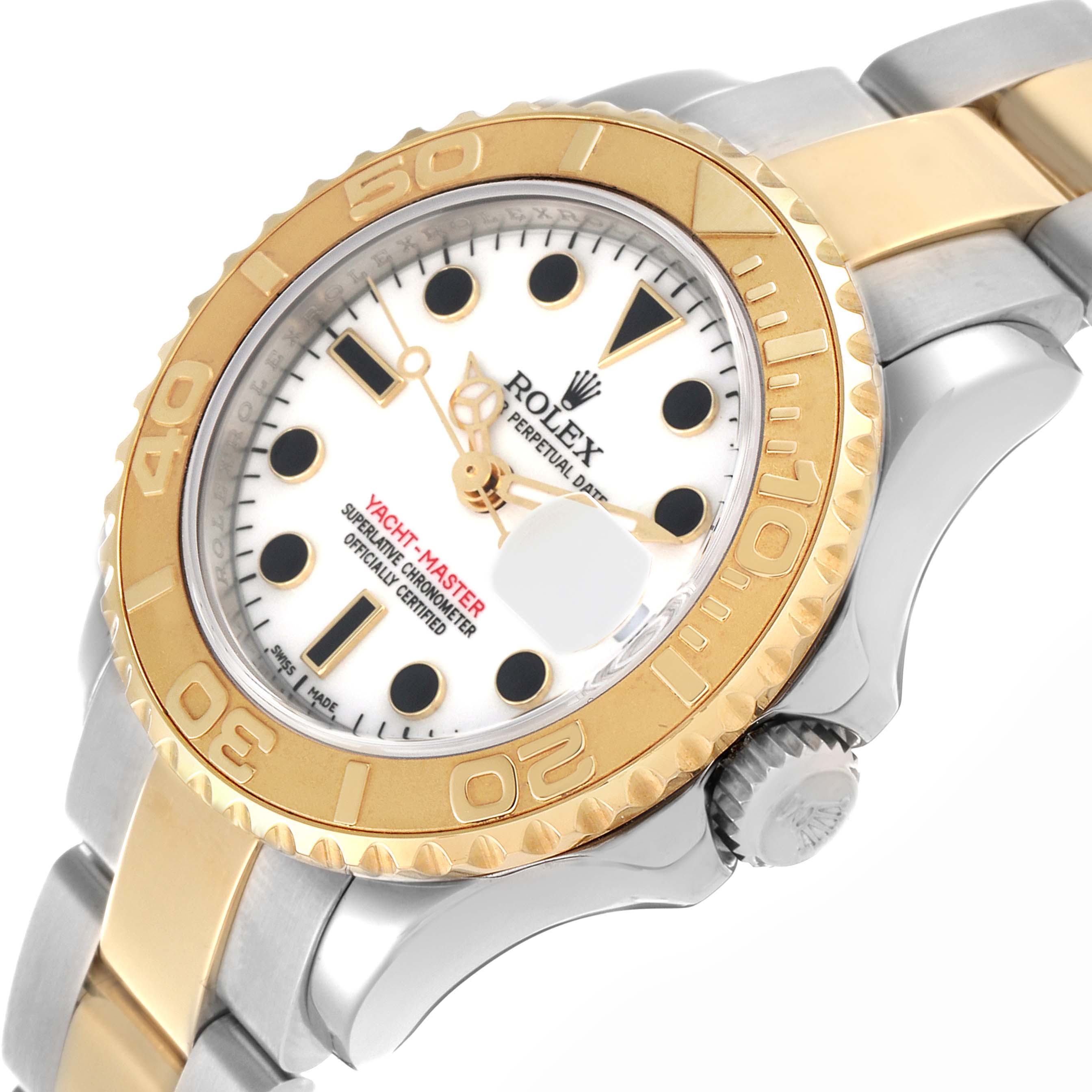 The Rolex Yacht-Master 169623 Women's Steel and Gold (two tone) White Dial 169623 Women's Steel and Gold (two tone) White Dial watch is shown at an angled view highlighting the bezel, dial, and part of the bracelet.