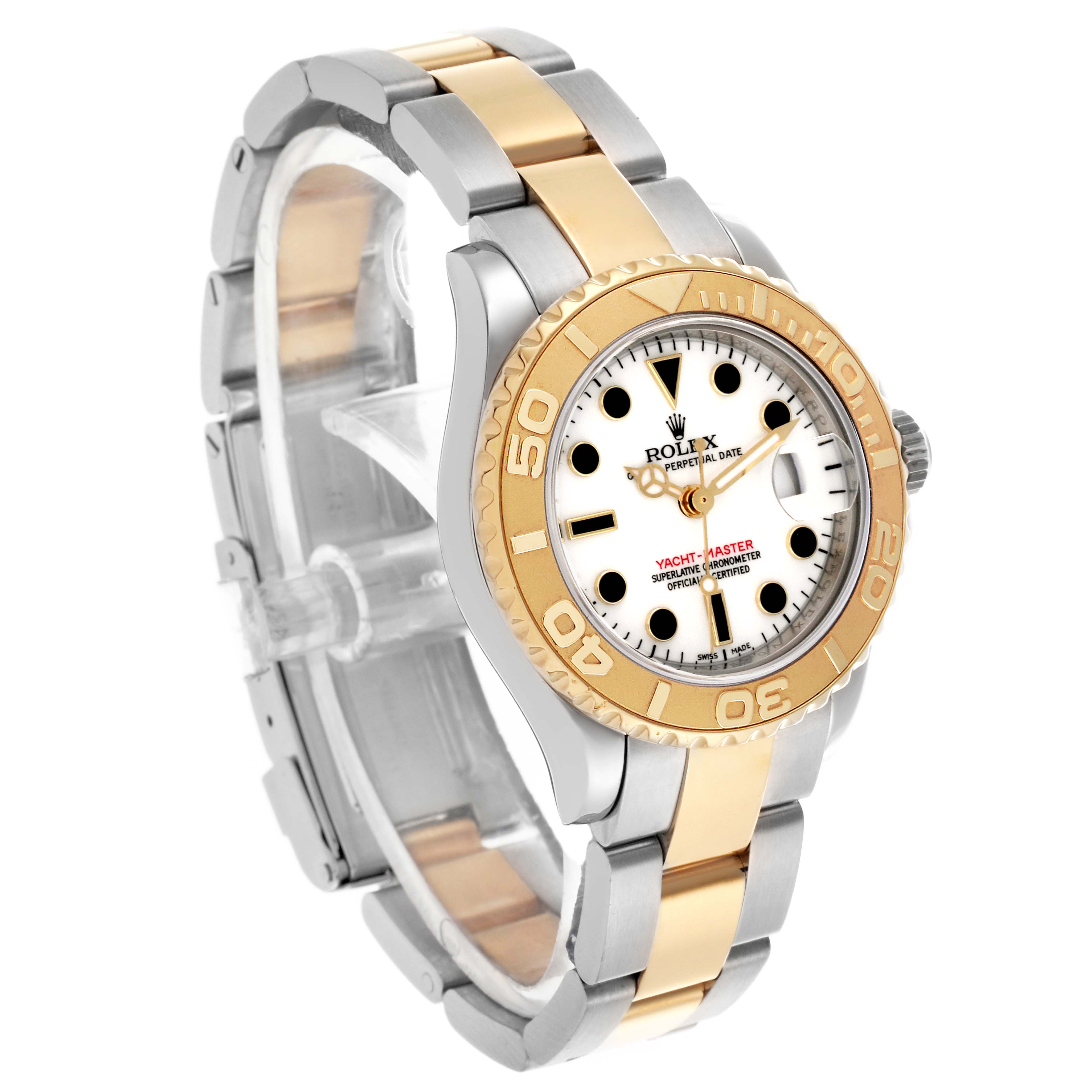 The Rolex Yacht-Master 169623 Women's Steel and Gold (two tone) White Dial 169623 Women's Steel and Gold (two tone) White Dial is shown angled to display the face, bezel, and bracelet, highlighting its two-tone design.