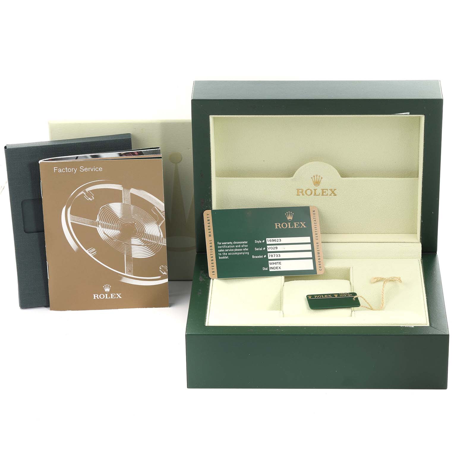 The image shows a Rolex Yacht-Master 169623 Women's Steel and Gold (two tone) White Dial 169623 Women's Steel and Gold (two tone) White Dial watch box, warranty card, and documentation from a front angle.