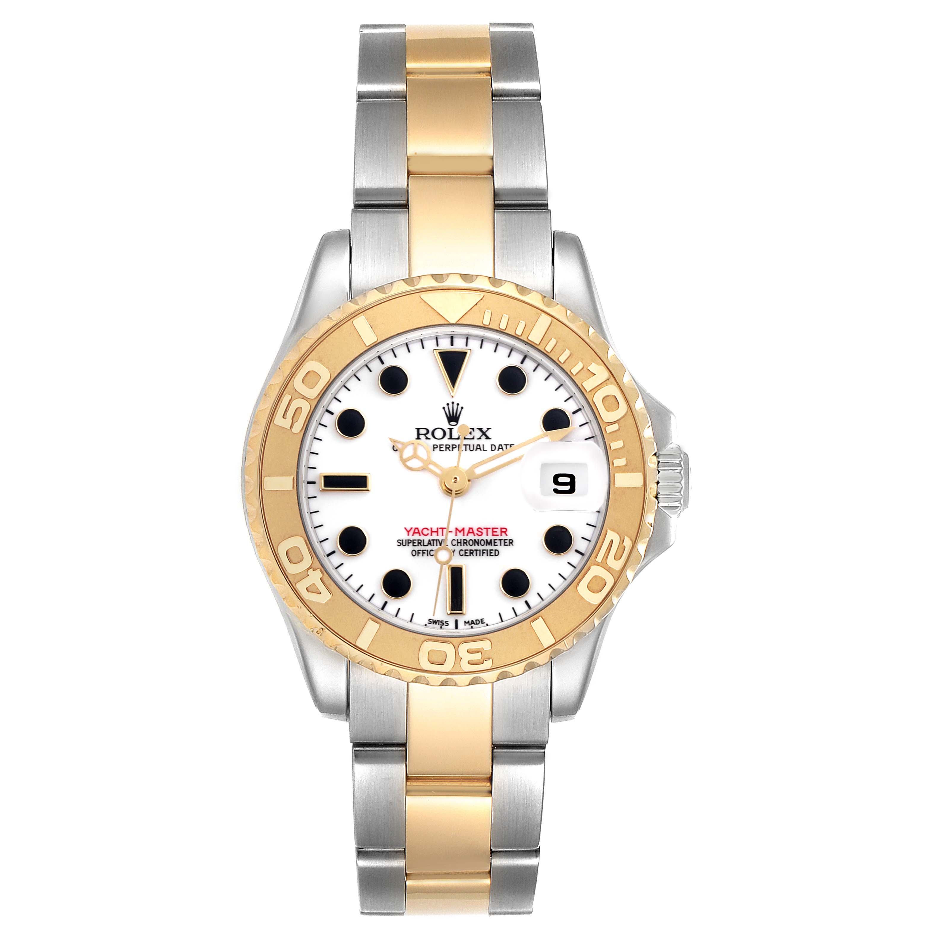 The Rolex Yacht-Master 169623 Women's Steel and Gold (two tone) White Dial 169623 Women's Steel and Gold (two tone) White Dial watch is shown from a top-down angle, highlighting its dial, bezel, and two-tone bracelet.