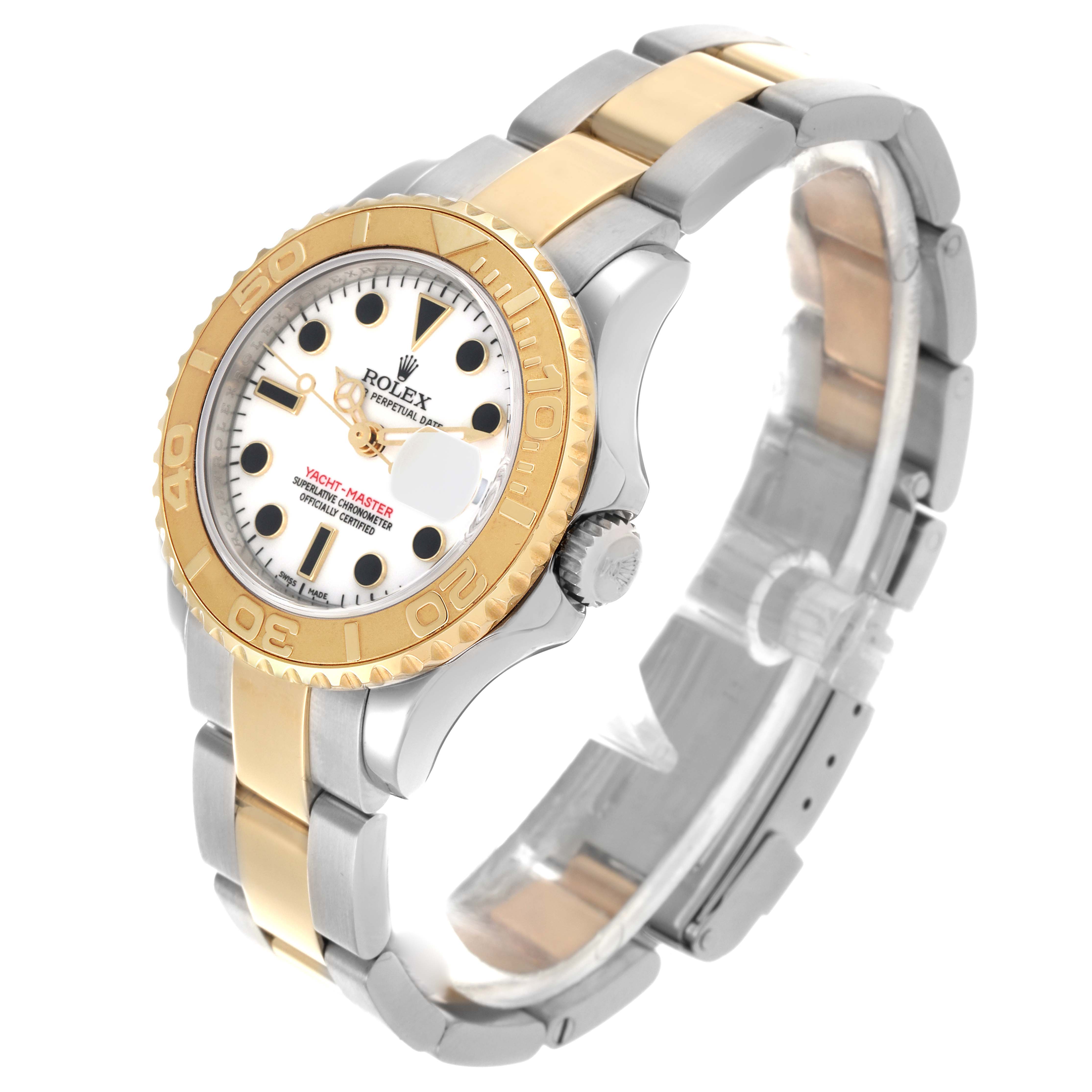 The Rolex Yacht-Master 169623 Women's Steel and Gold (two tone) White Dial 169623 Women's Steel and Gold (two tone) White Dial is shown from an angled side perspective, highlighting its bezel, face, and two-tone bracelet.