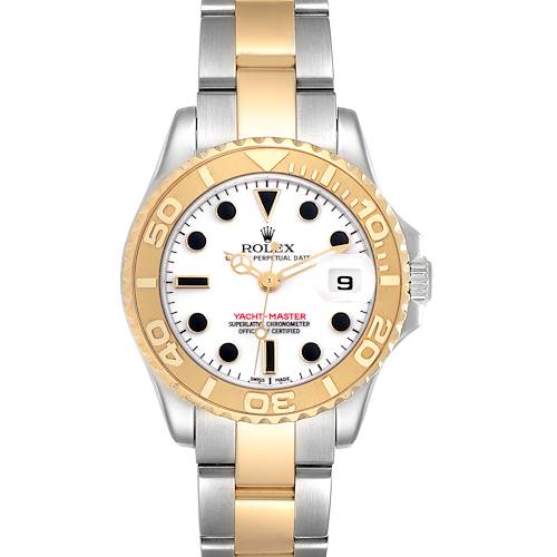 The Rolex Yacht-Master watch is shown from a front angle, displaying the face, bezel, and part of the bracelet.