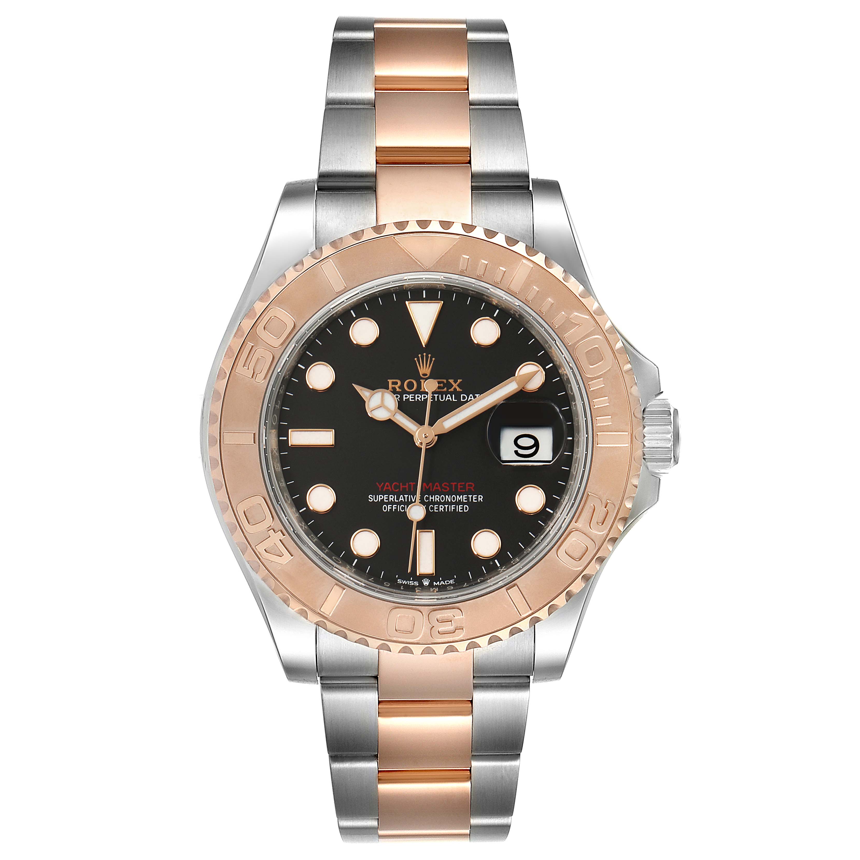 This image shows a front view of a Rolex Yacht-Master 126621 Men
s Steel and Gold (two tone) Black Dial 126621 Men
s Steel and Gold (two tone) Black Dial watch, displaying its dial, bezel, and two-tone bracelet.