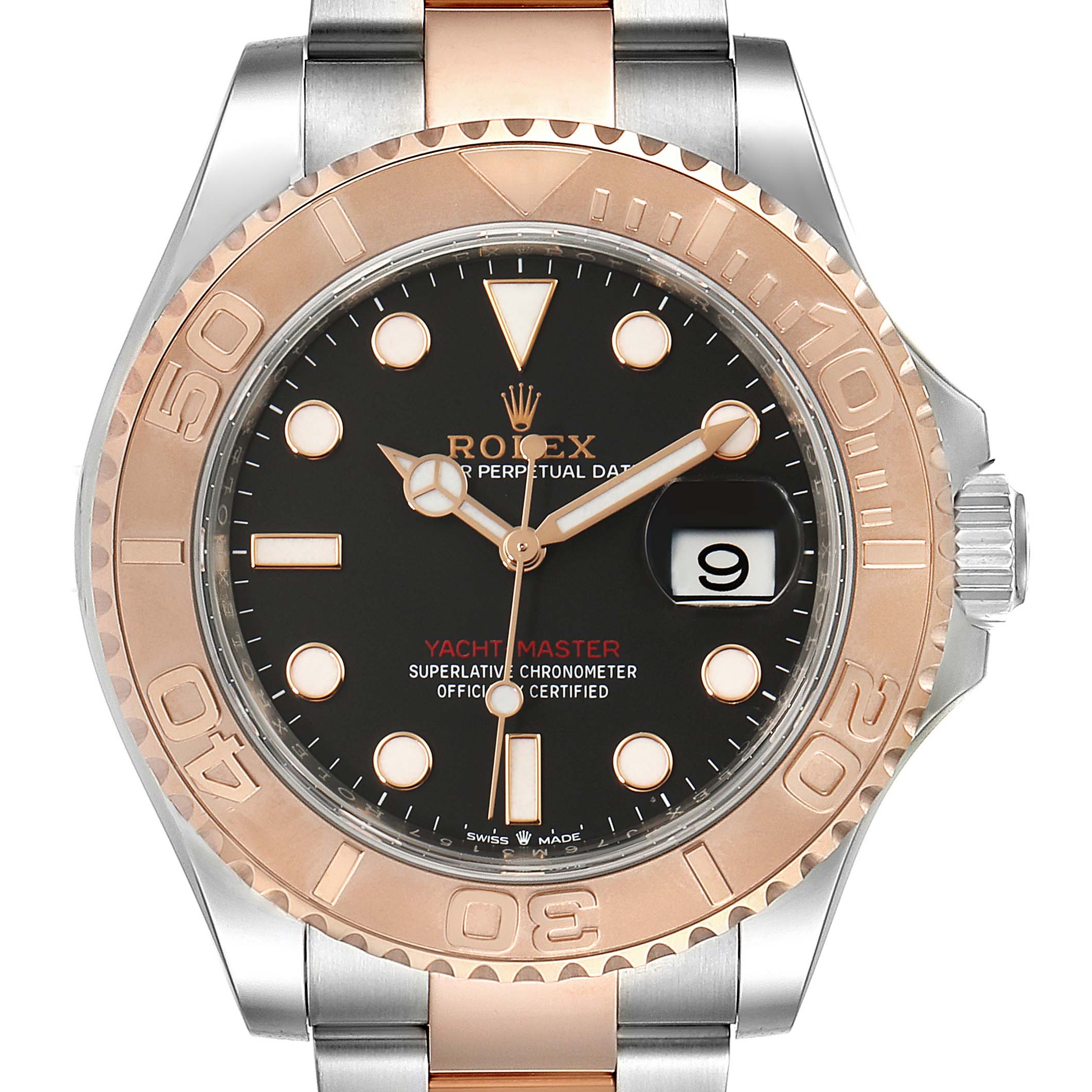 This Yacht-Master Rolex watch is displayed from the front, showcasing the dial, bezel, crown, and part of the bracelet.