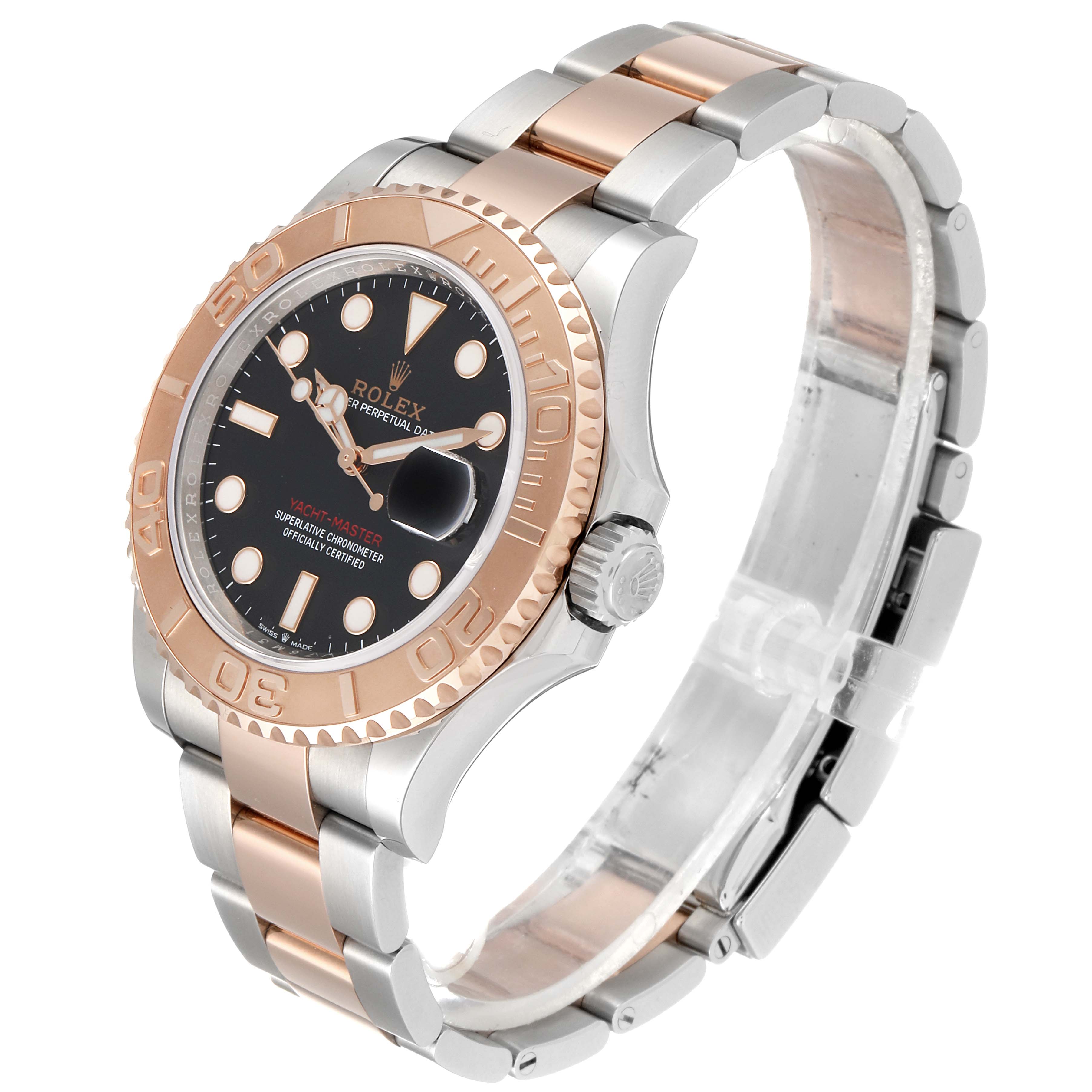 This image shows a Rolex Yacht-Master 126621 Men
s Steel and Gold (two tone) Black Dial 126621 Men
s Steel and Gold (two tone) Black Dial watch at a three-quarter view, highlighting its dial, bezel, and bracelet.