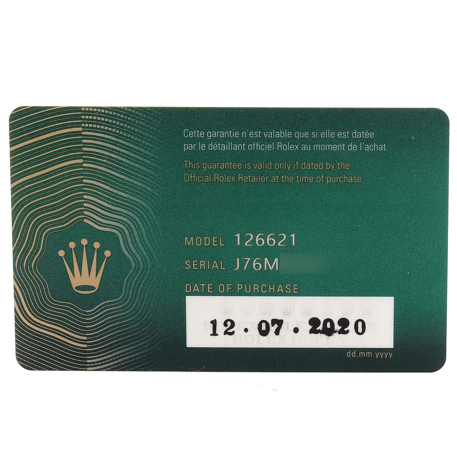 This image shows the guarantee card for the Rolex Yacht-Master 126621 Men
s Steel and Gold (two tone) Black Dial 126621 Men
s Steel and Gold (two tone) Black Dial model 126621, including the serial number and date of purchase.