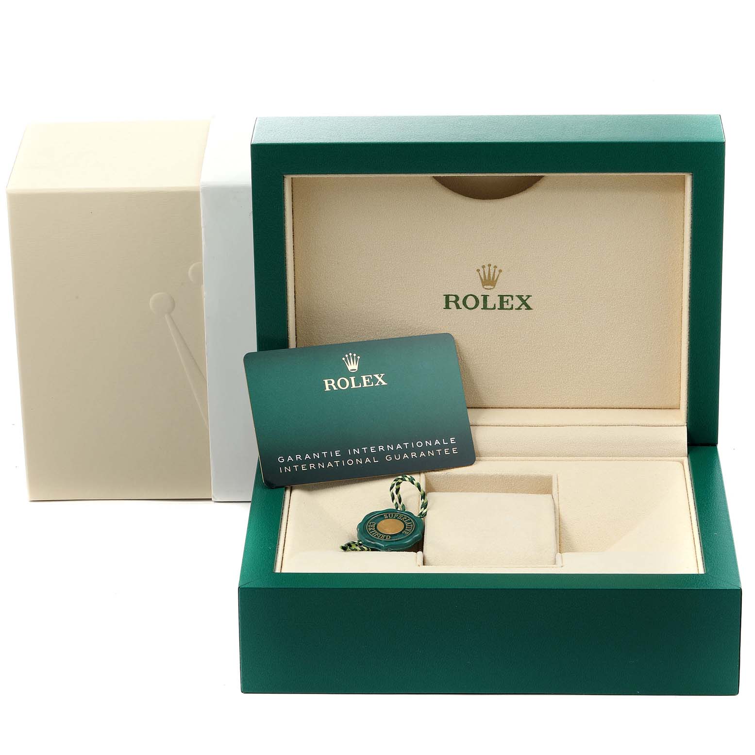 The image shows the internal and external packaging, guarantee card, and tag of a Rolex Yacht-Master 126621 Men
s Steel and Gold (two tone) Black Dial 126621 Men
s Steel and Gold (two tone) Black Dial.