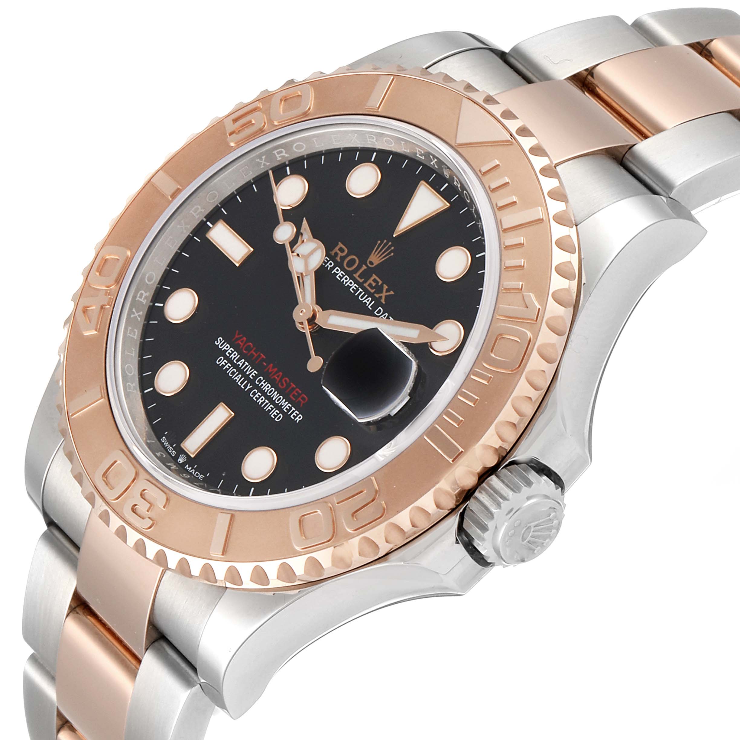 The image shows a Rolex Yacht-Master 126621 Men
s Steel and Gold (two tone) Black Dial 126621 Men
s Steel and Gold (two tone) Black Dial watch at a slight angle, highlighting its dial, bezel, and part of the bracelet.