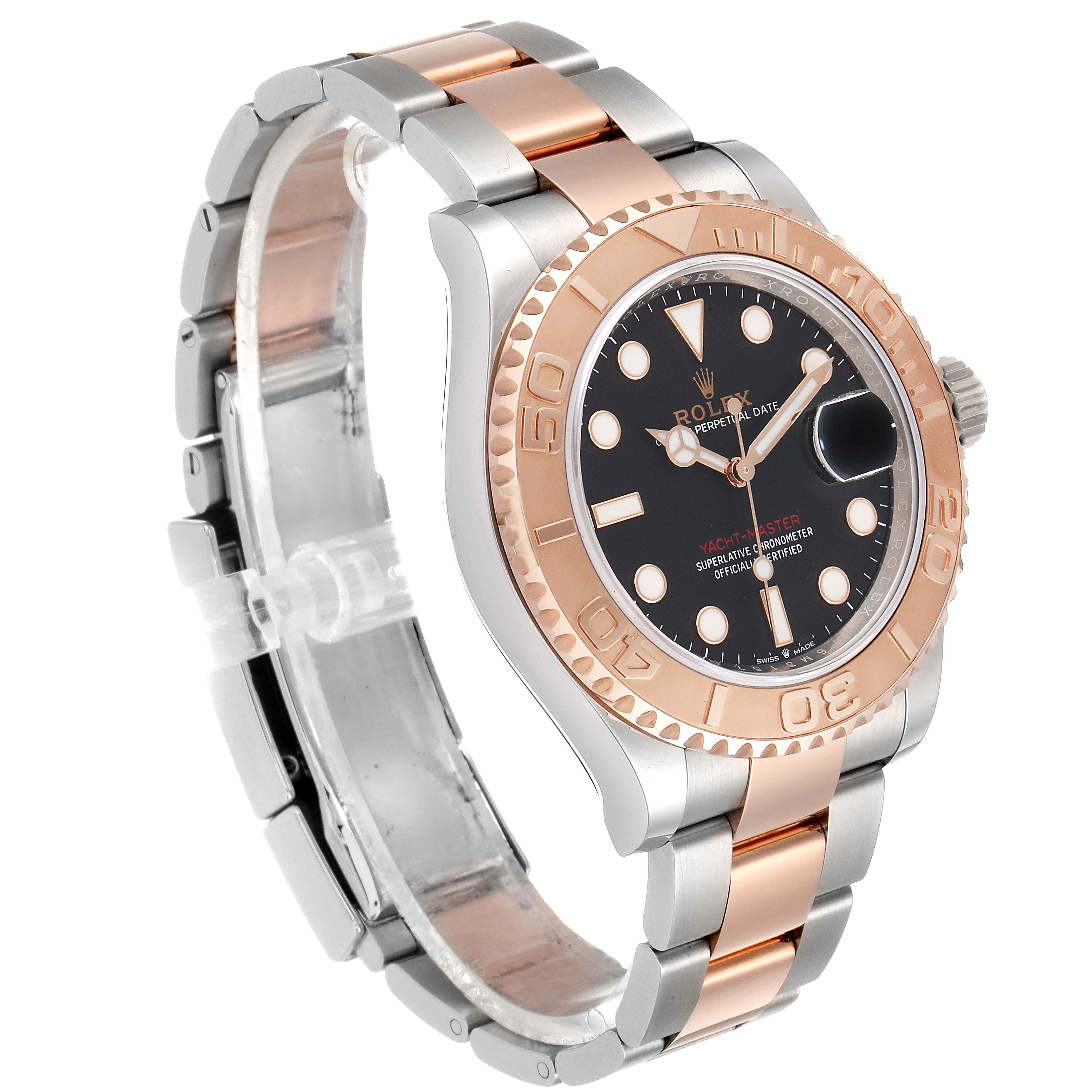 The image shows a Rolex Yacht-Master 126621 Men
s Steel and Gold (two tone) Black Dial 126621 Men
s Steel and Gold (two tone) Black Dial watch at a slight side angle, highlighting its two-tone bracelet, bezel, and black dial.