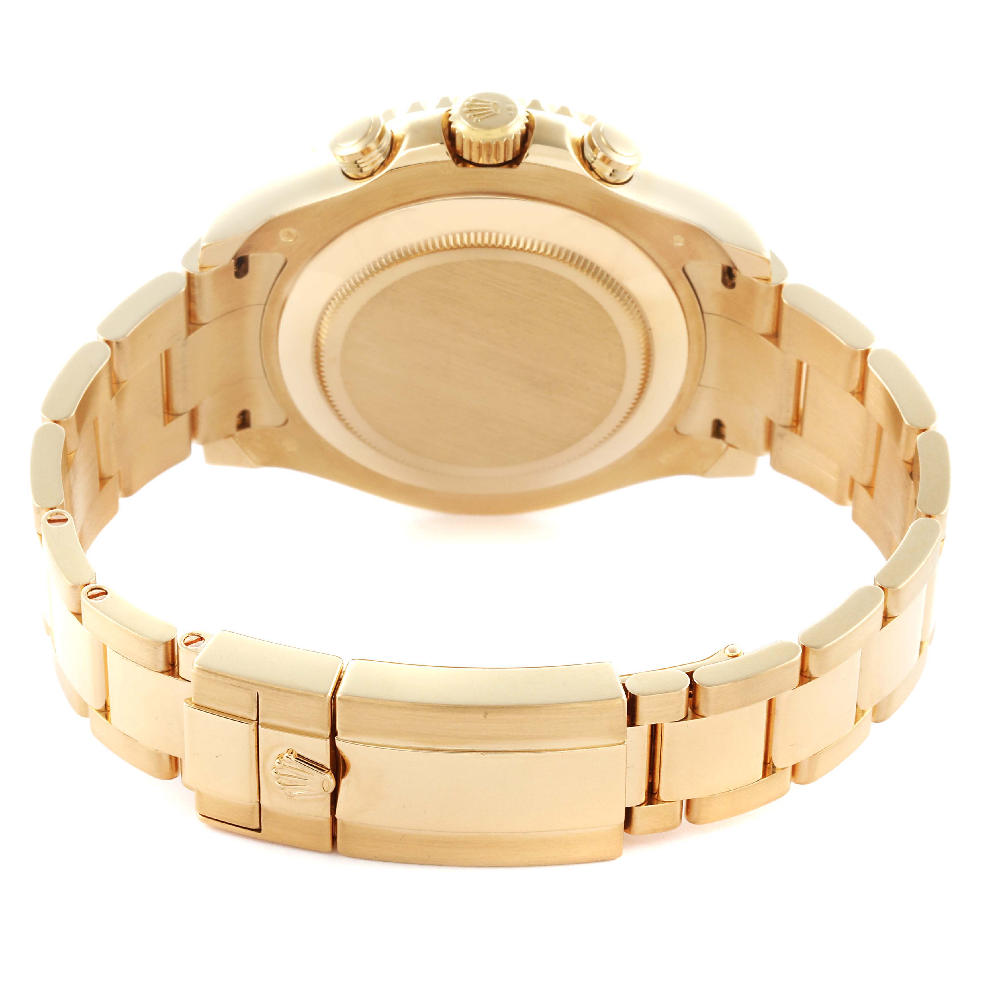 The image shows the Rolex Yacht-Master 116688 Men's Yellow Gold White Dial 116688 Men's Yellow Gold White Dial's back case and bracelet in a side angle.