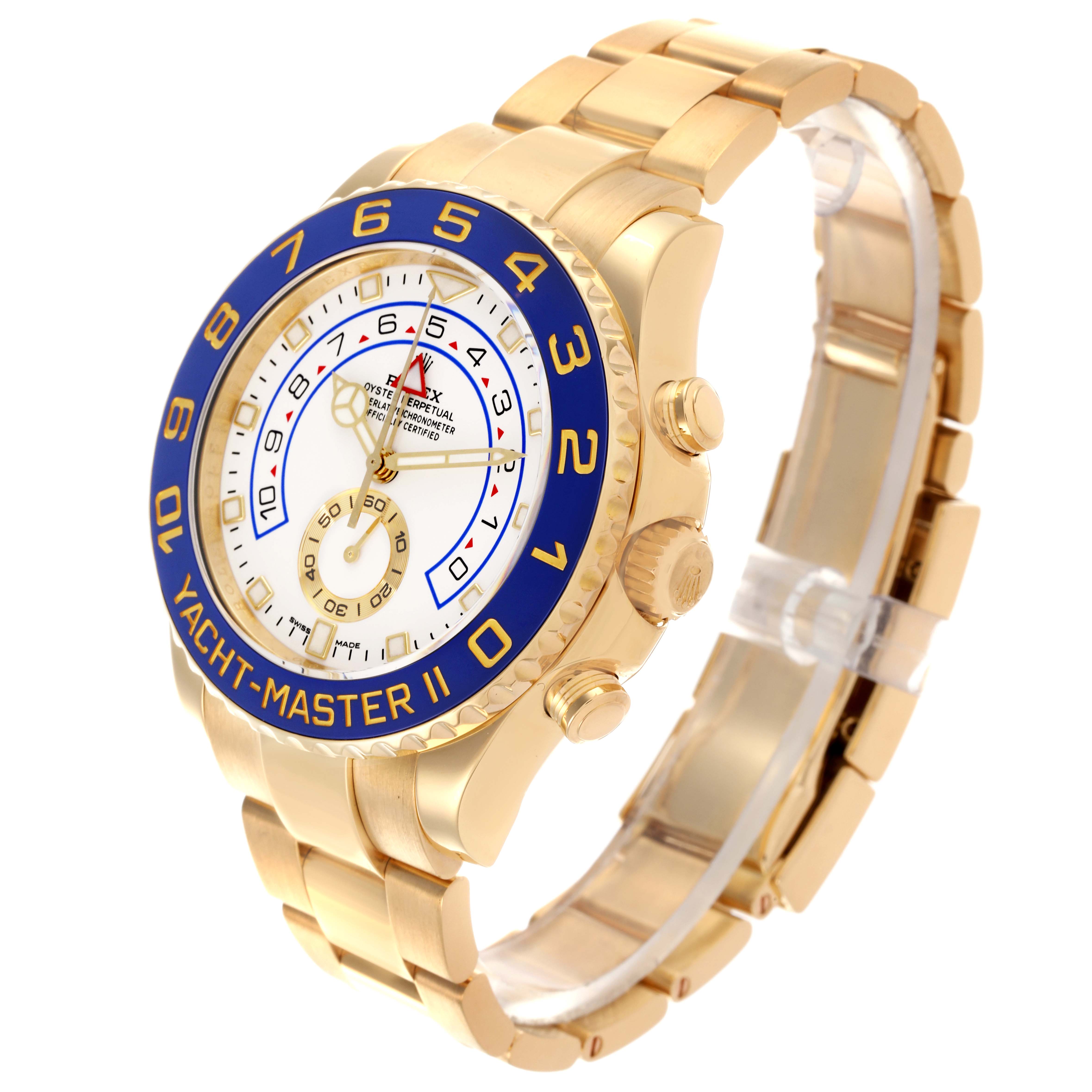 The Rolex Yacht-Master 116688 Men's Yellow Gold White Dial 116688 Men's Yellow Gold White Dial watch is shown at a three-quarter angle, displaying the dial, bezel, and part of the bracelet.