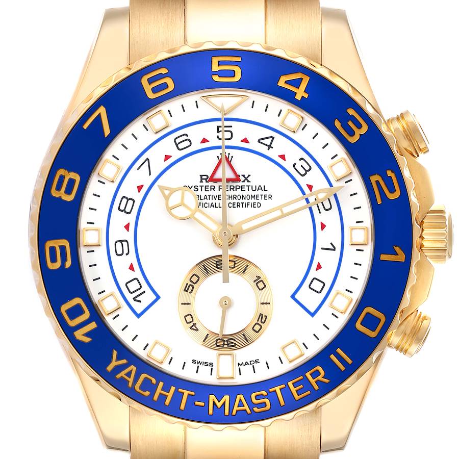 The Rolex Yacht-Master watch is shown from a top-down angle, highlighting its blue bezel and gold casing.