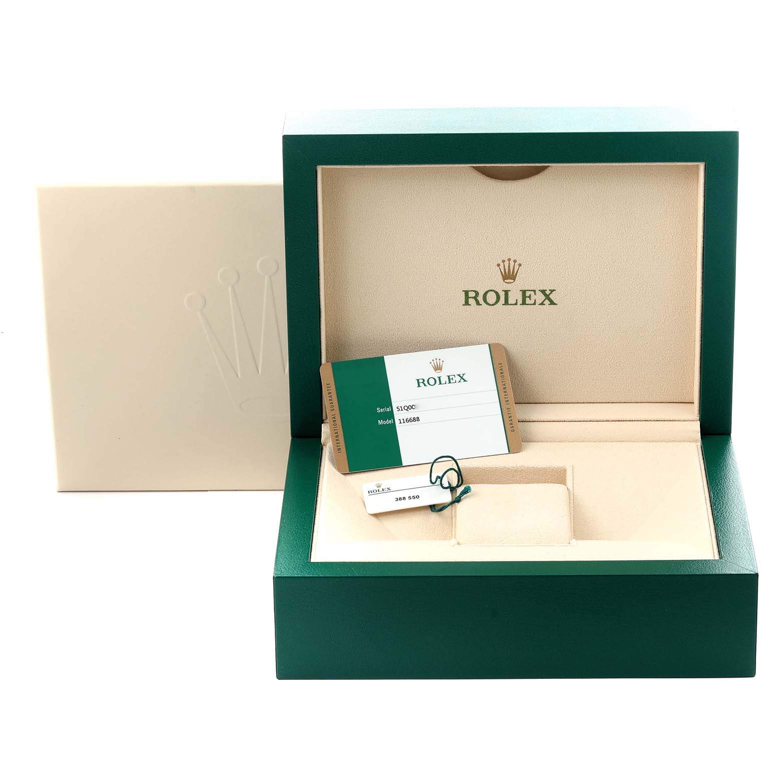 The image shows the opened box of a Rolex Yacht-Master 116688 Men's Yellow Gold White Dial 116688 Men's Yellow Gold White Dial watch with its warranty card and a tag inside.