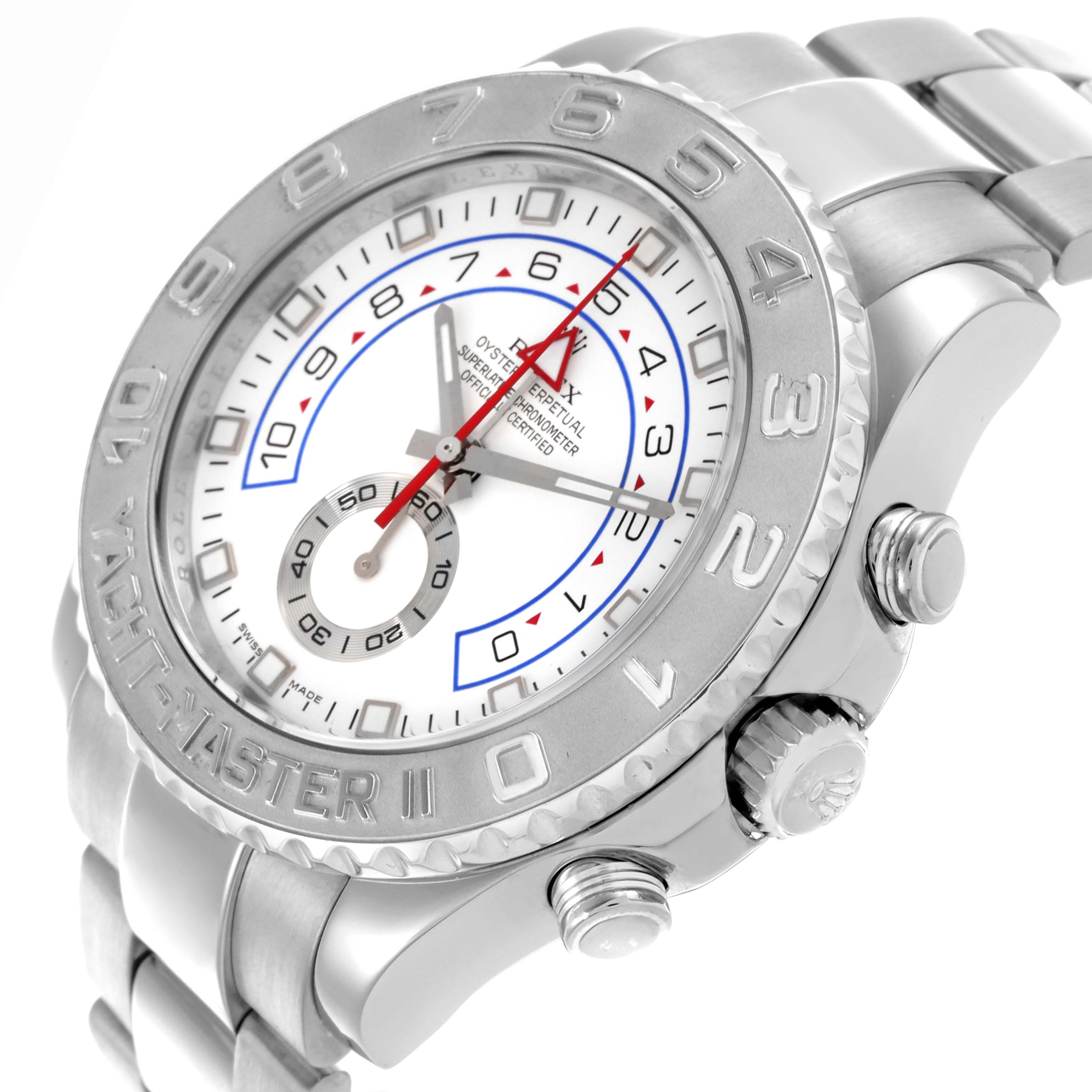 The Rolex Yacht-Master 116689 Men's White Gold White Dial 116689 Men's White Gold White Dial watch is shown at a slight angle, highlighting the bezel, crown, and bracelet.