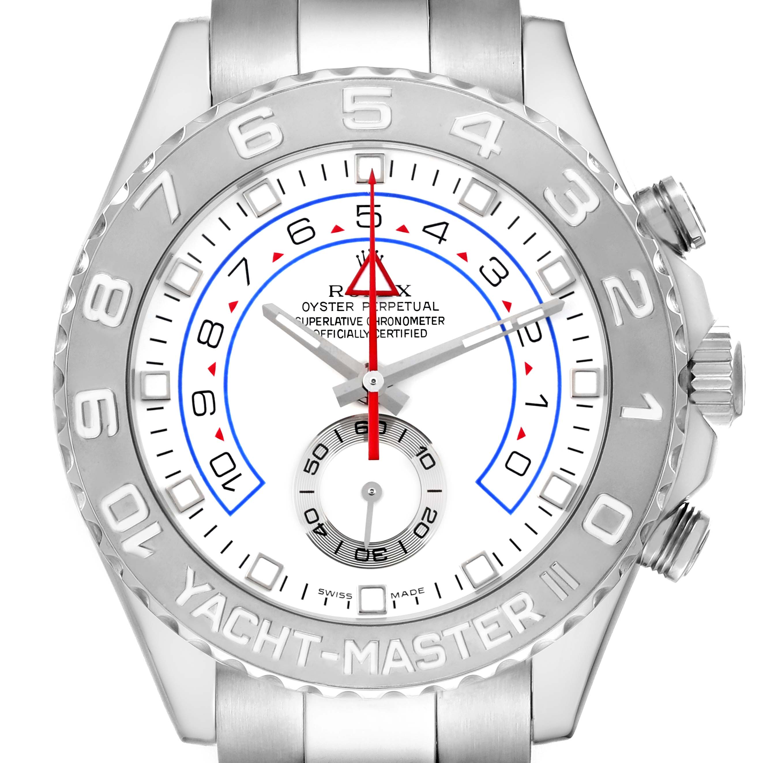 The Rolex Yacht-Master 116689 Men's White Gold White Dial 116689 Men's White Gold White Dial watch is shown from a front angle, highlighting its face, bezel, and crown.
