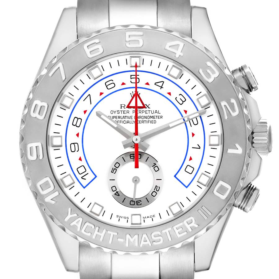 The Rolex Yacht-Master watch is shown from a front angle, highlighting its face, bezel, and crown.