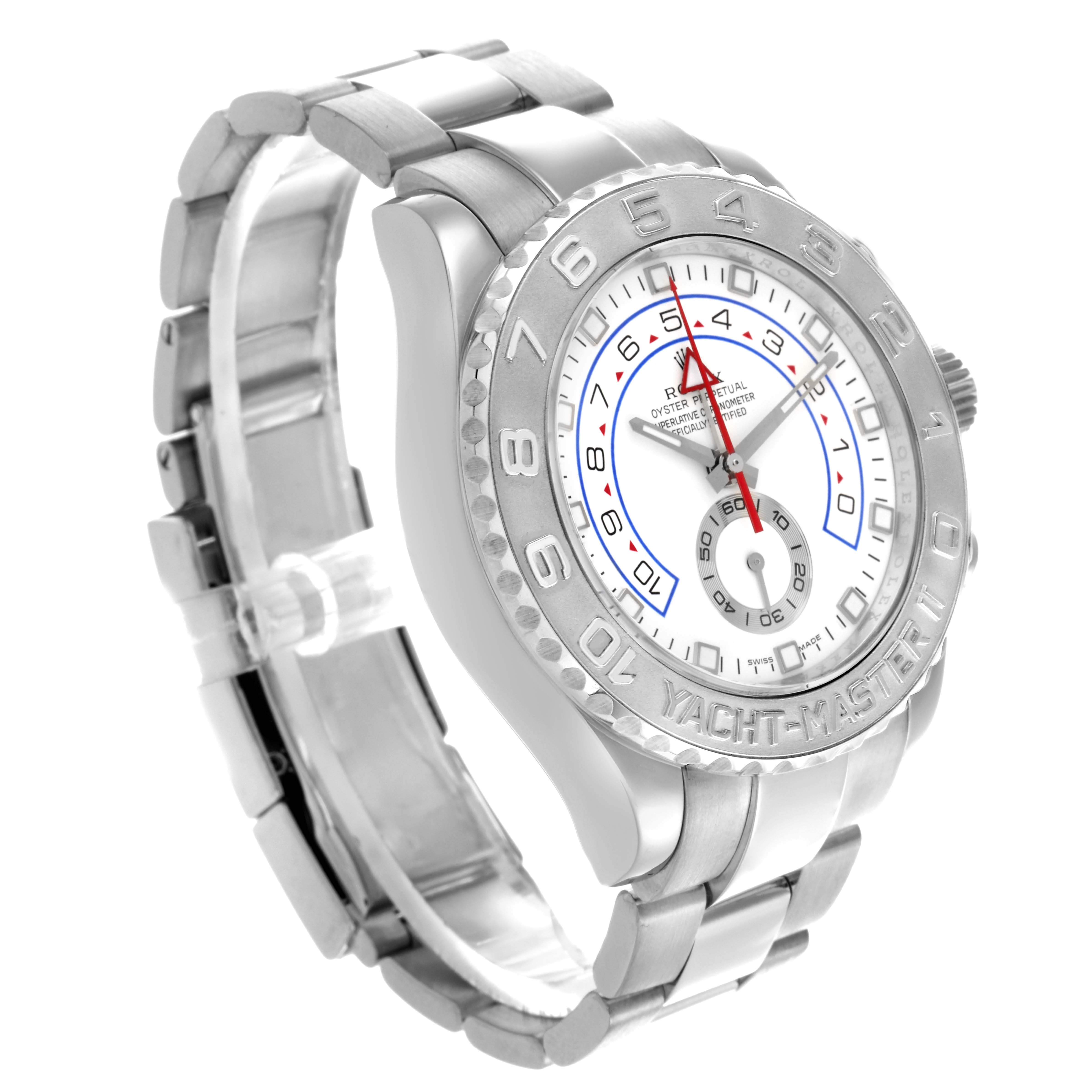 The Rolex Yacht-Master 116689 Men's White Gold White Dial 116689 Men's White Gold White Dial watch is shown at a slight angle, highlighting its face, bezel, and bracelet.