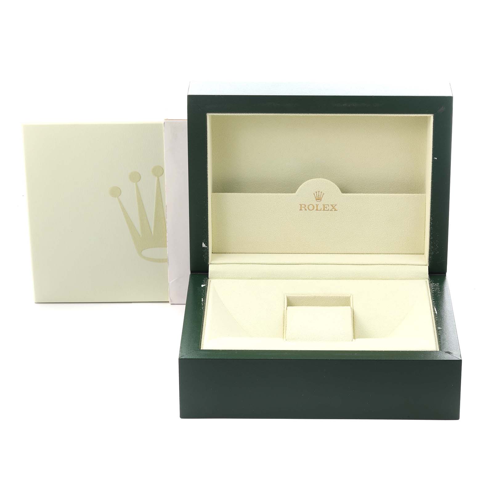 The image shows an open box for a Rolex Yacht-Master 116689 Men's White Gold White Dial 116689 Men's White Gold White Dial, displaying the storage area and branding.
