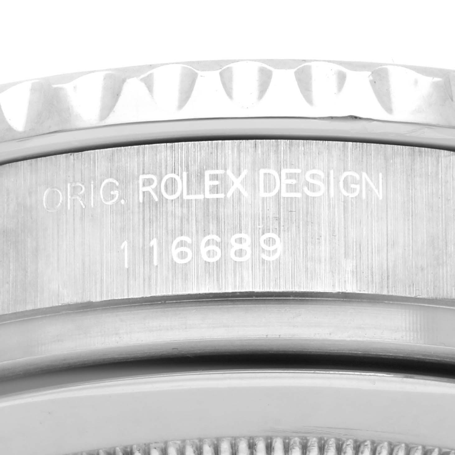 This image shows a close-up of the side of the Rolex Yacht-Master 116689 Men's White Gold White Dial 116689 Men's White Gold White Dial, highlighting the model number and design engraving.
